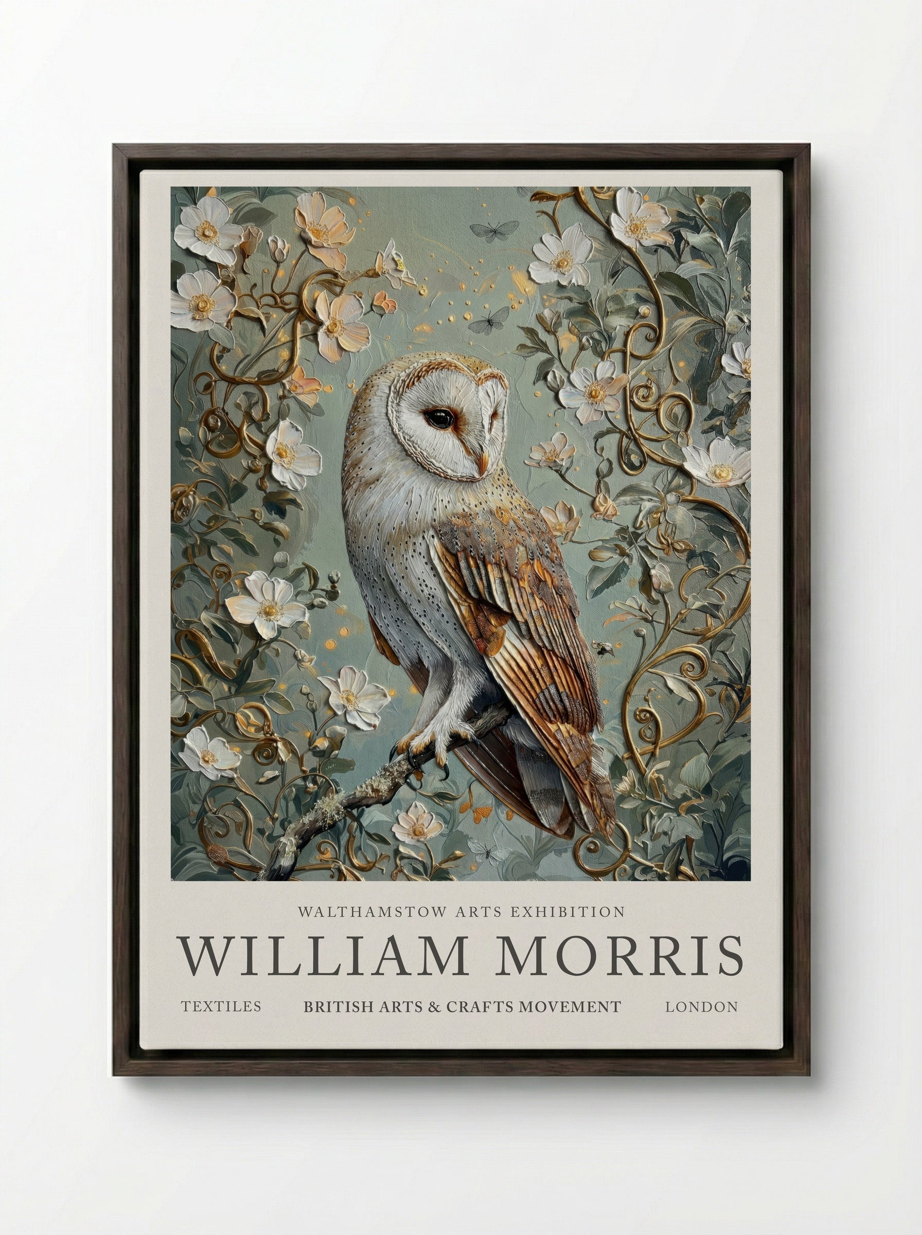 Barn Owl Whispering Wings - William Morris - Framed Canvas Dark Wood