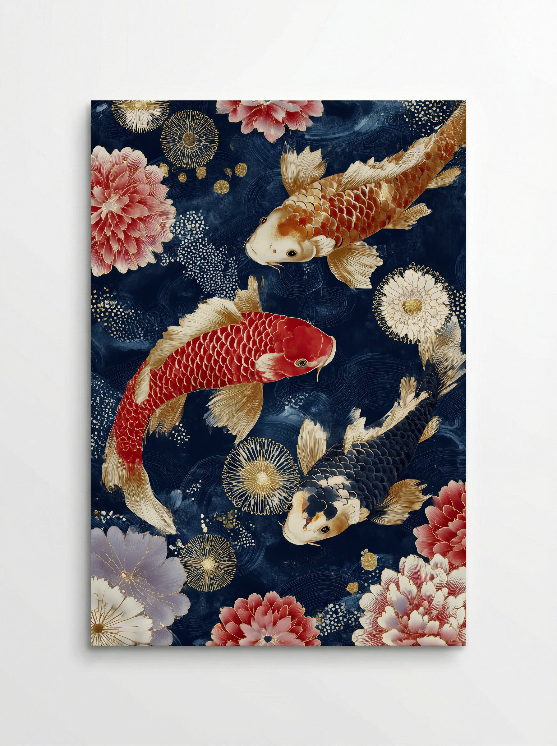 Trio of Koi Botanical Print in Crimson and Midnight - Poster