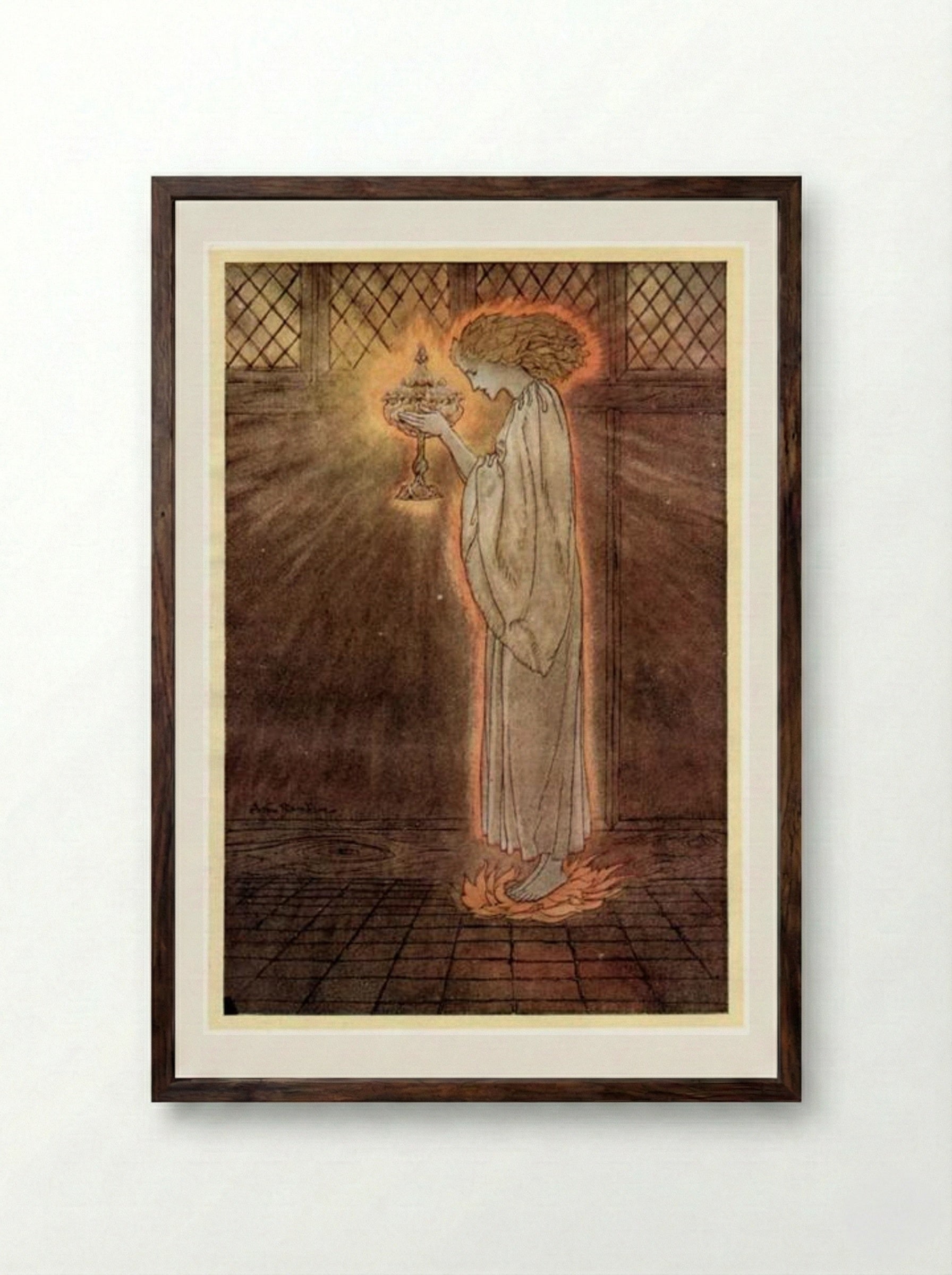 The Holy Grail is carried in - Arthur Rackham - Framed Print Dark Wood