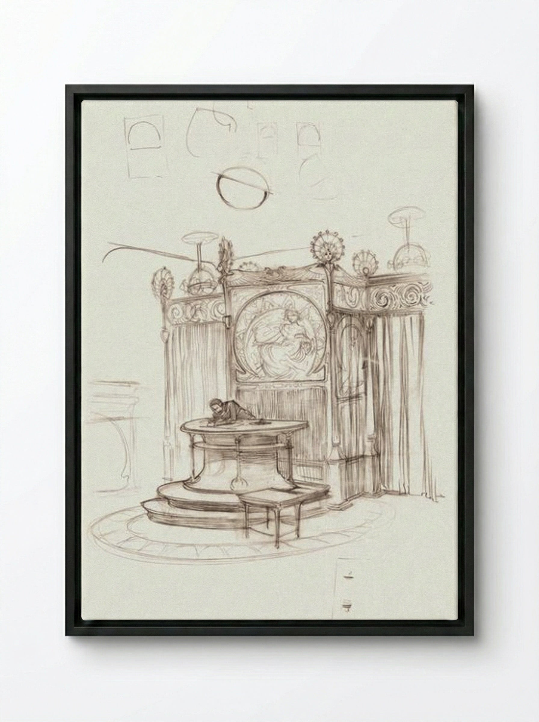 Sketch of an Office Interior - Alphonse Mucha - Framed Canvas Black