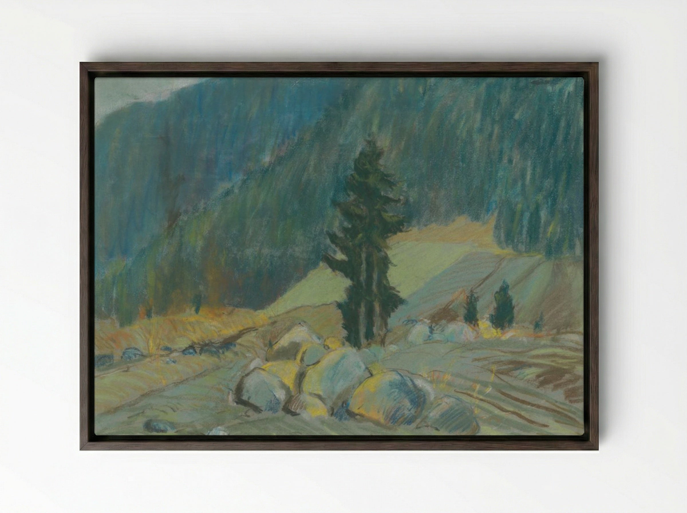 Mountain Brook Between Boulders - Zolo Palugyay - Framed Canvas Dark Wood