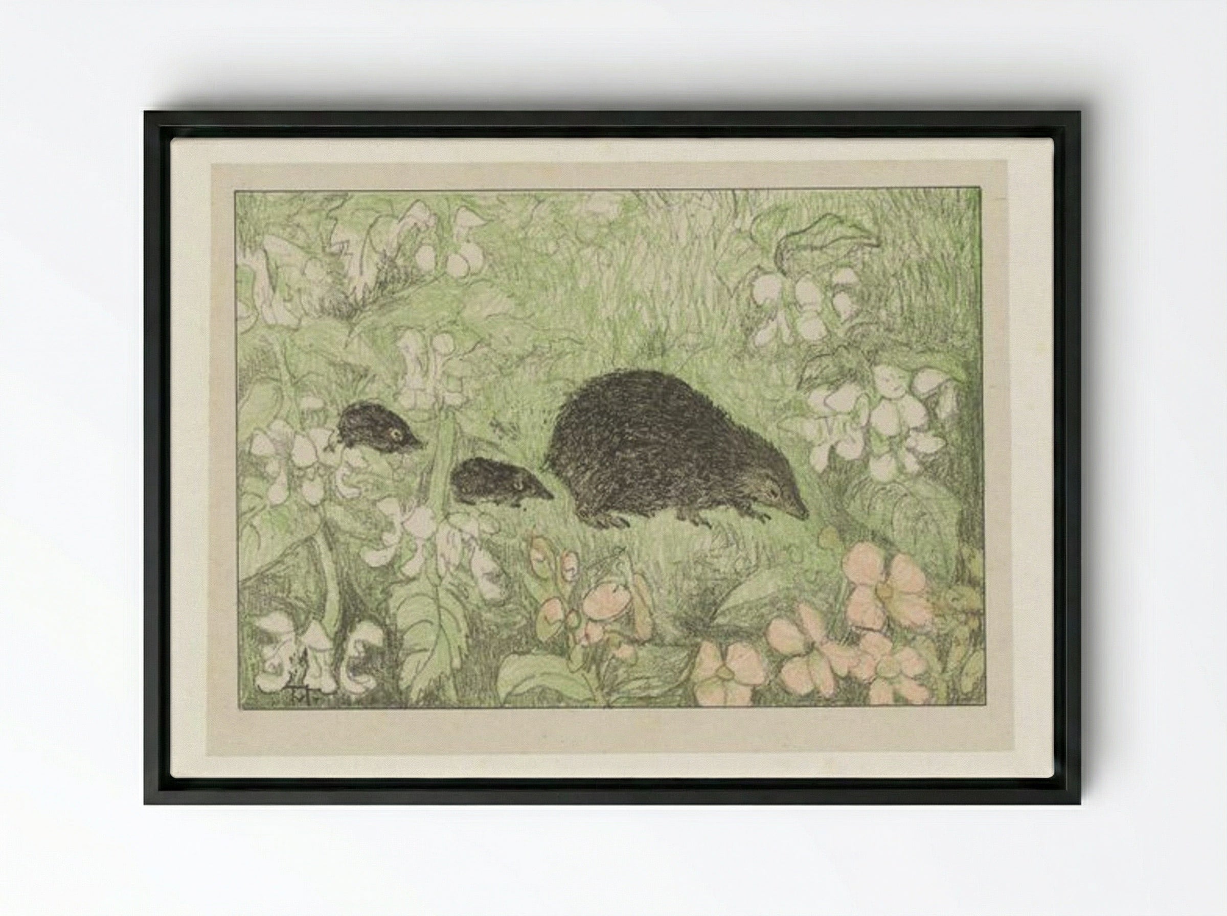 Hedgehog with Young - Theo van Hoytema - Framed Canvas Black