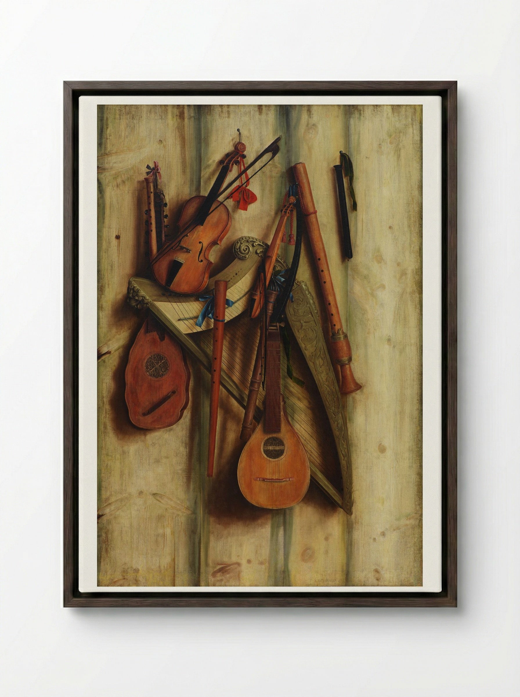 Board Wall with Musical Instruments (Trompe l'Oeil) - Franciscus Gijsbrechts - Framed Canvas Dark Wood