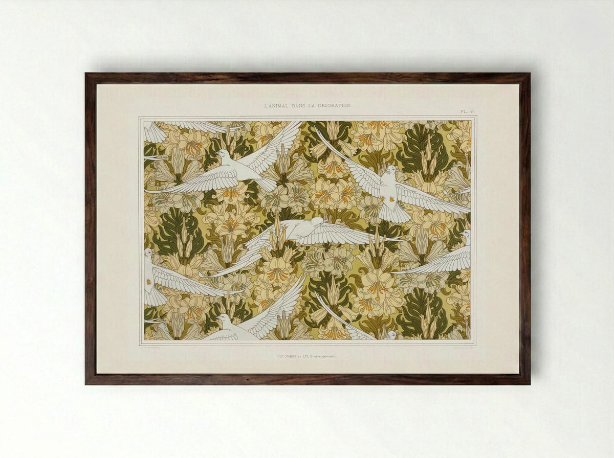Colombes et Lis, Étoffe Imprimée (Doves and Lilies, Printed Fabric) - Maurice Pillard Verneuil - Framed Print Dark Wood