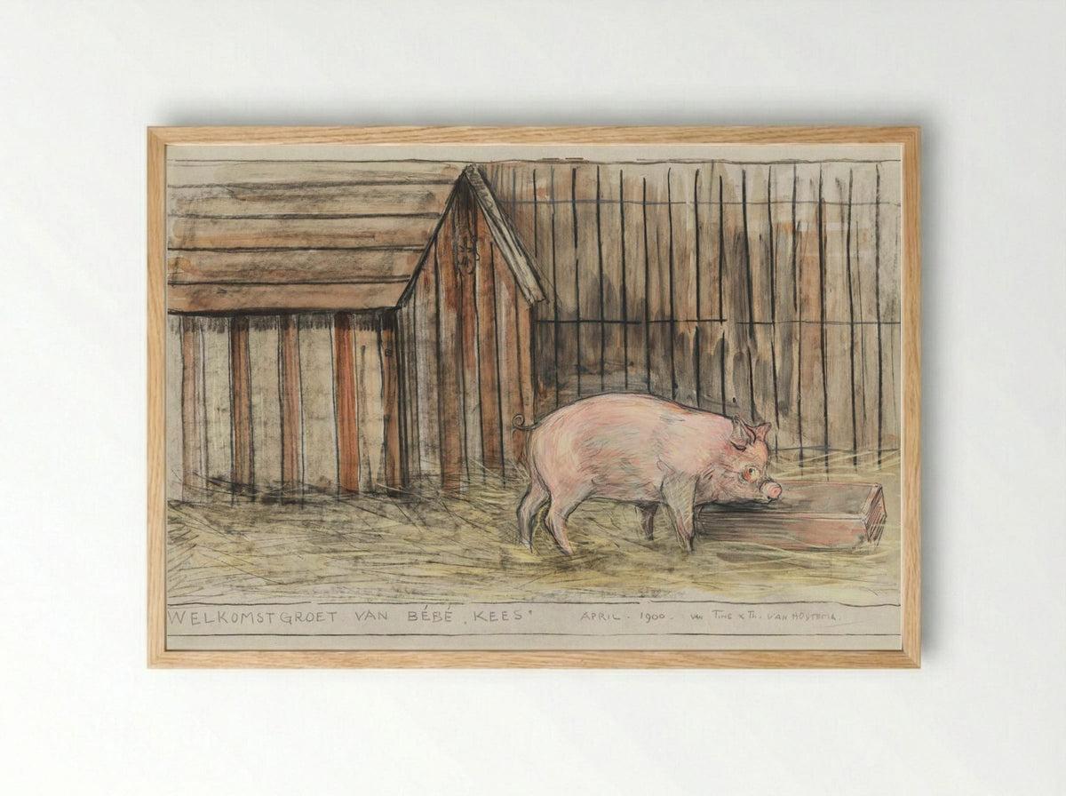 Varken Voor zijn kot bij een trog (Pig Before its Pen by a Trough) - Theo van Hoytema - Framed Print Wood