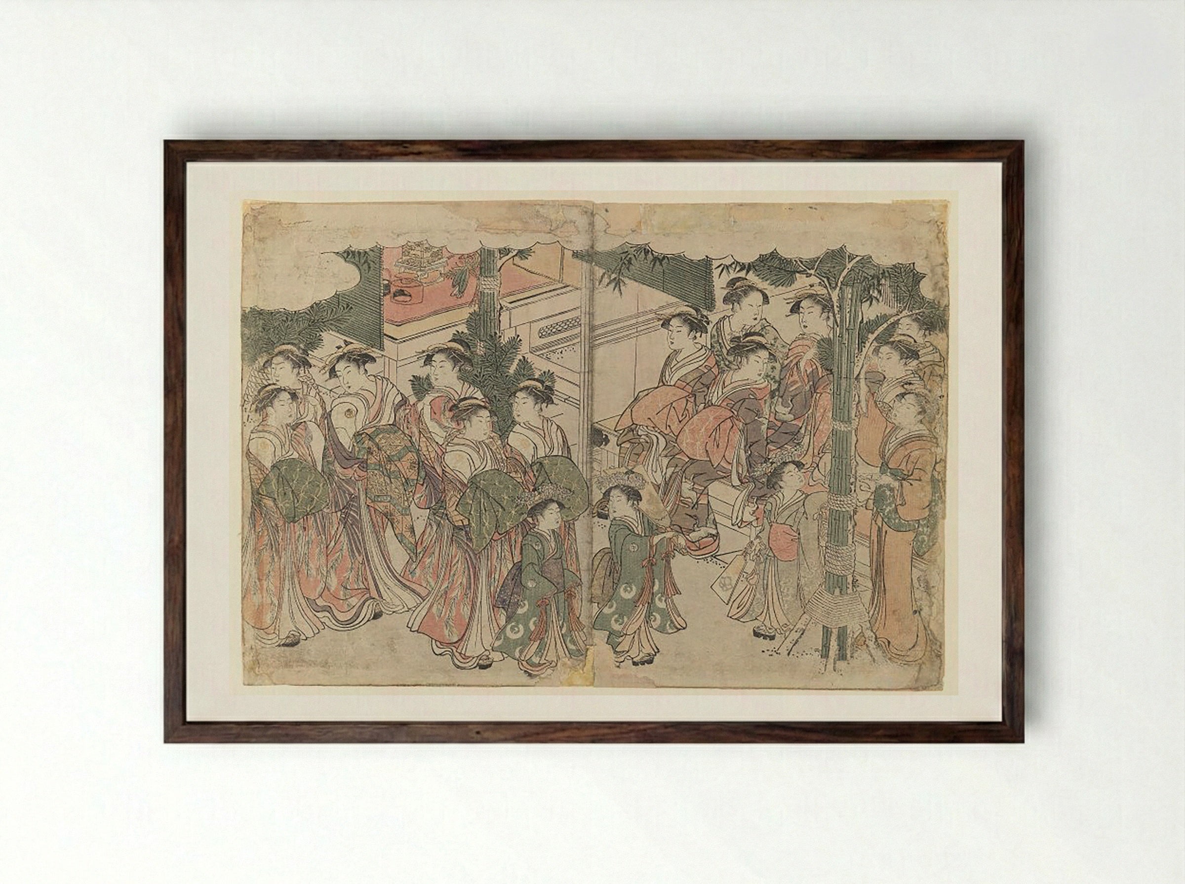 Courtesan's Entourage at New Year's Festival - Fine Art Print - Framed Print Dark Wood