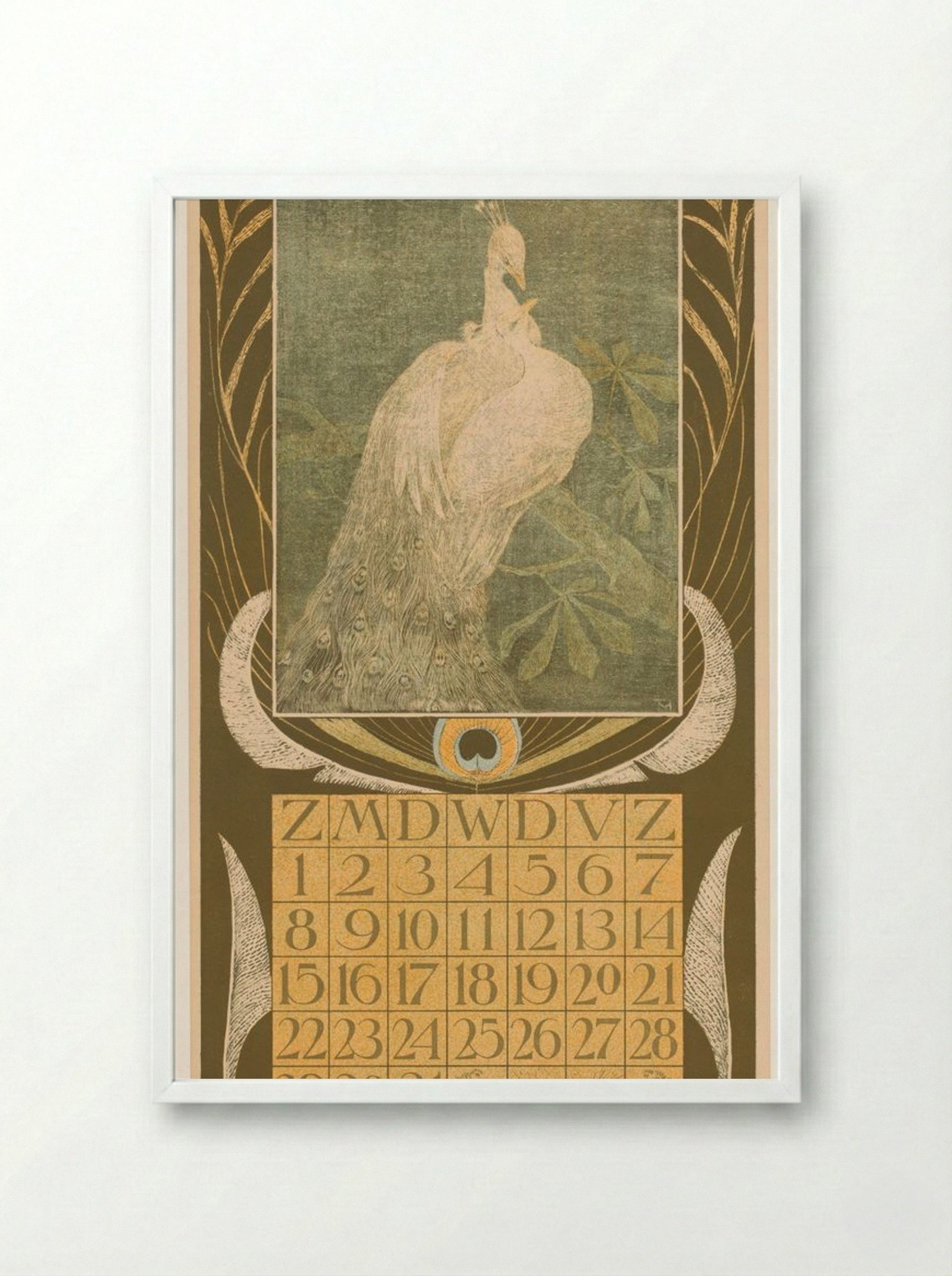 Kalenderblad Mei met Twee Pauwen - Theo van Hoytema - Framed Print White