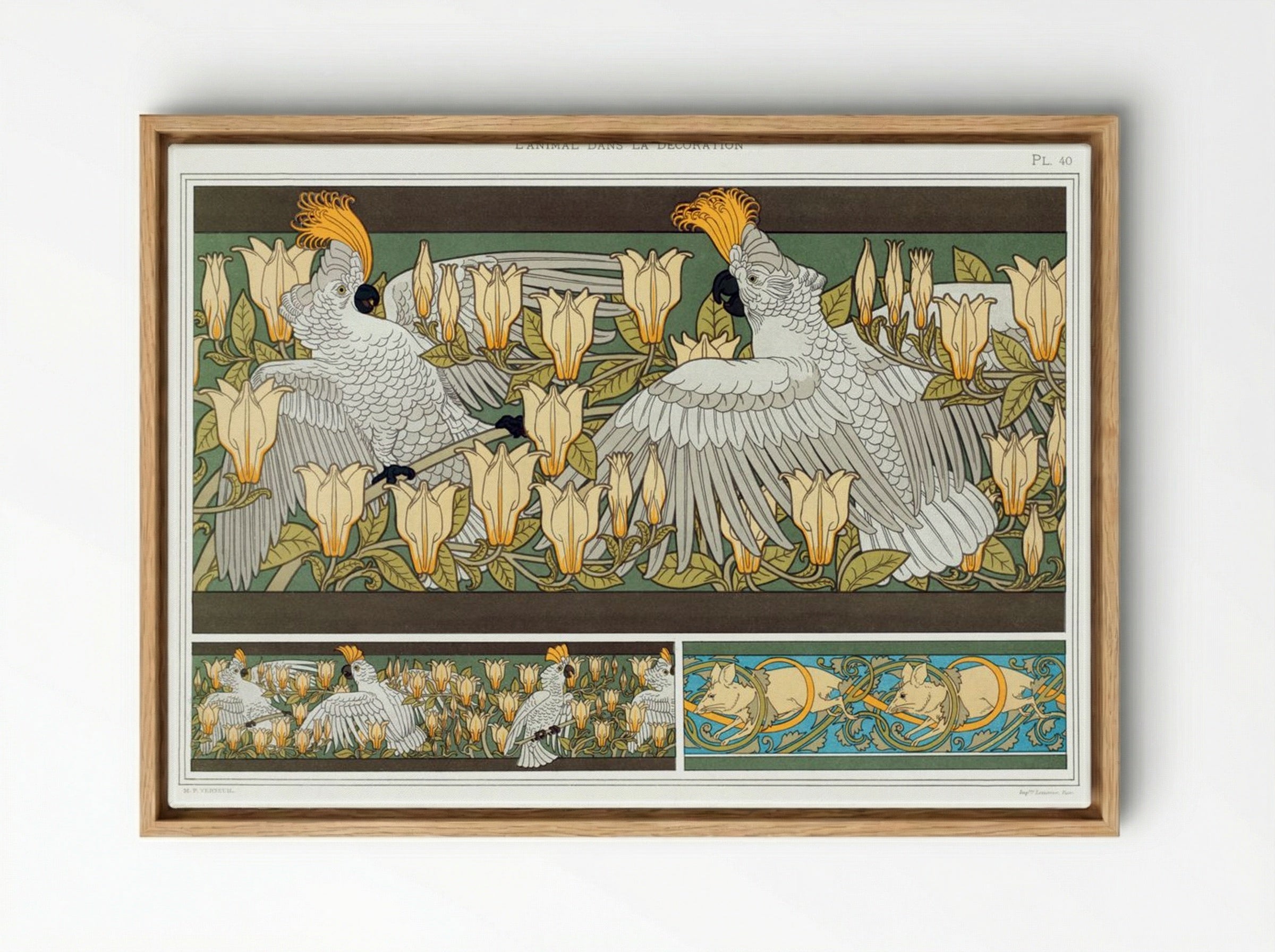 Cacatoès et Magnolia, Bordure; Souris Blanches - Maurice Pillard Verneuil - Framed Canvas Wood