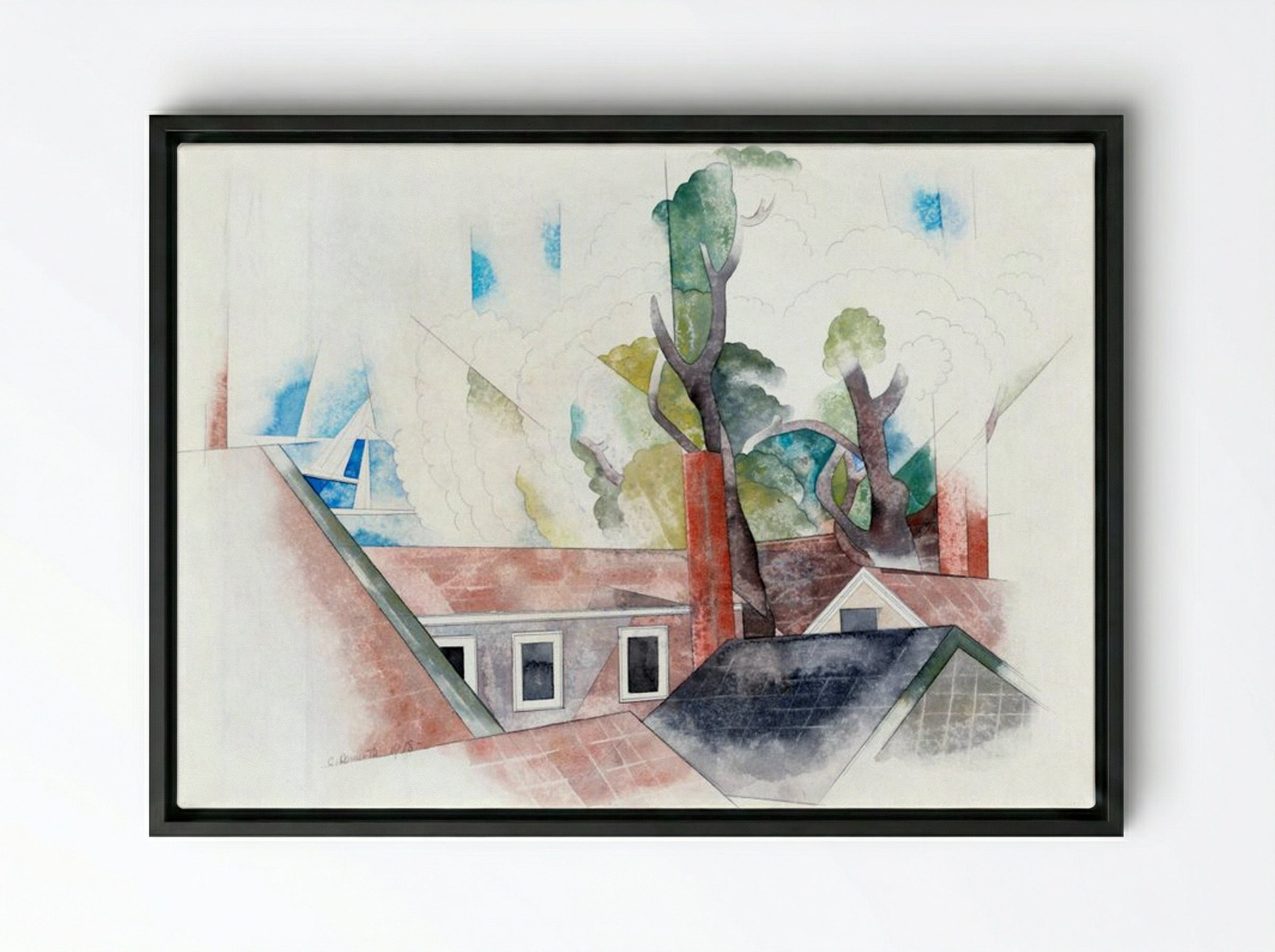 Rooftops and Trees - Charles Demuth - Framed Canvas Black