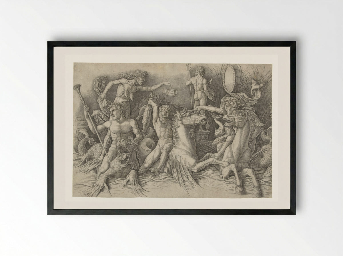 Battle of the Sea Gods, with Envy (Invidia) on the Left - Andrea Mantegna - Framed Print Black