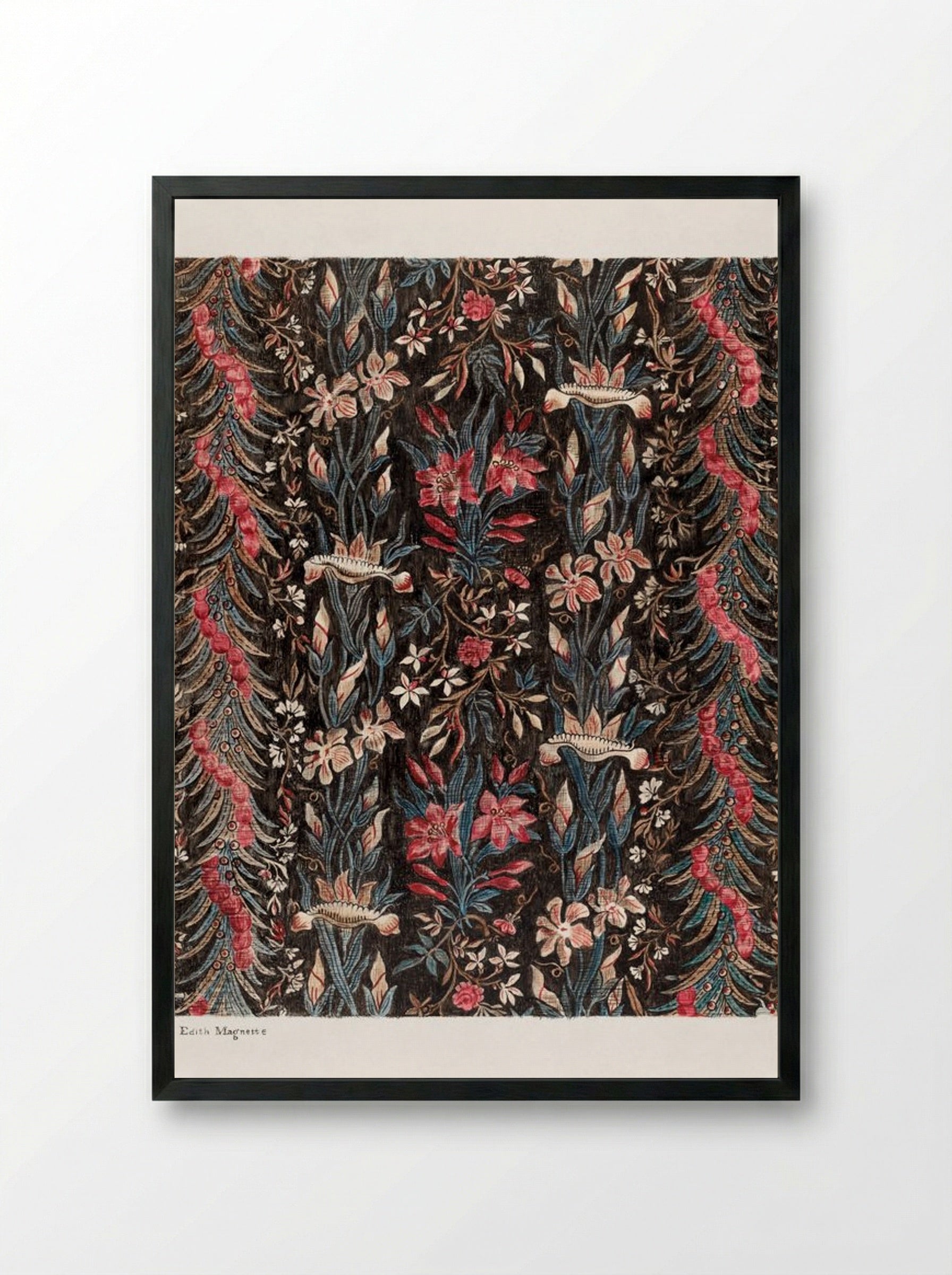 Printed Cotton (Floral Textile Design) - Edith Magnette - Framed Print Black