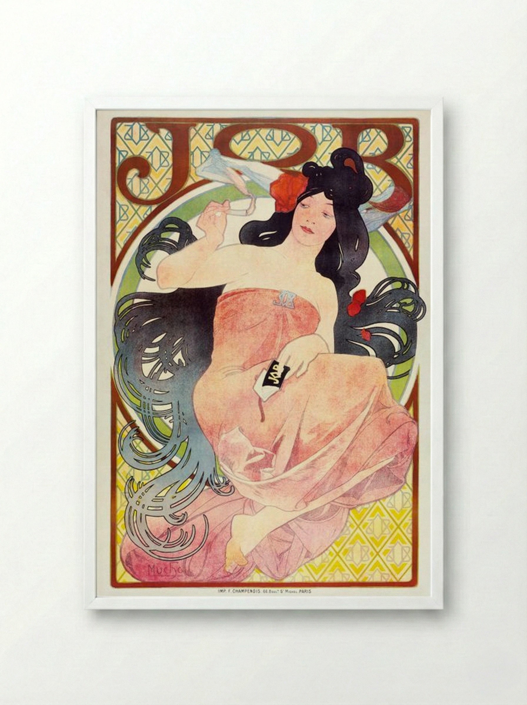 JOB (Woman Smoking) - Alphonse Mucha - Framed Print White