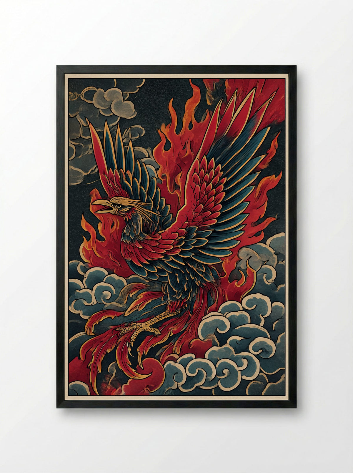 Phoenix Rising from Flames - Japanese Inspired Art Print - Framed Print Black