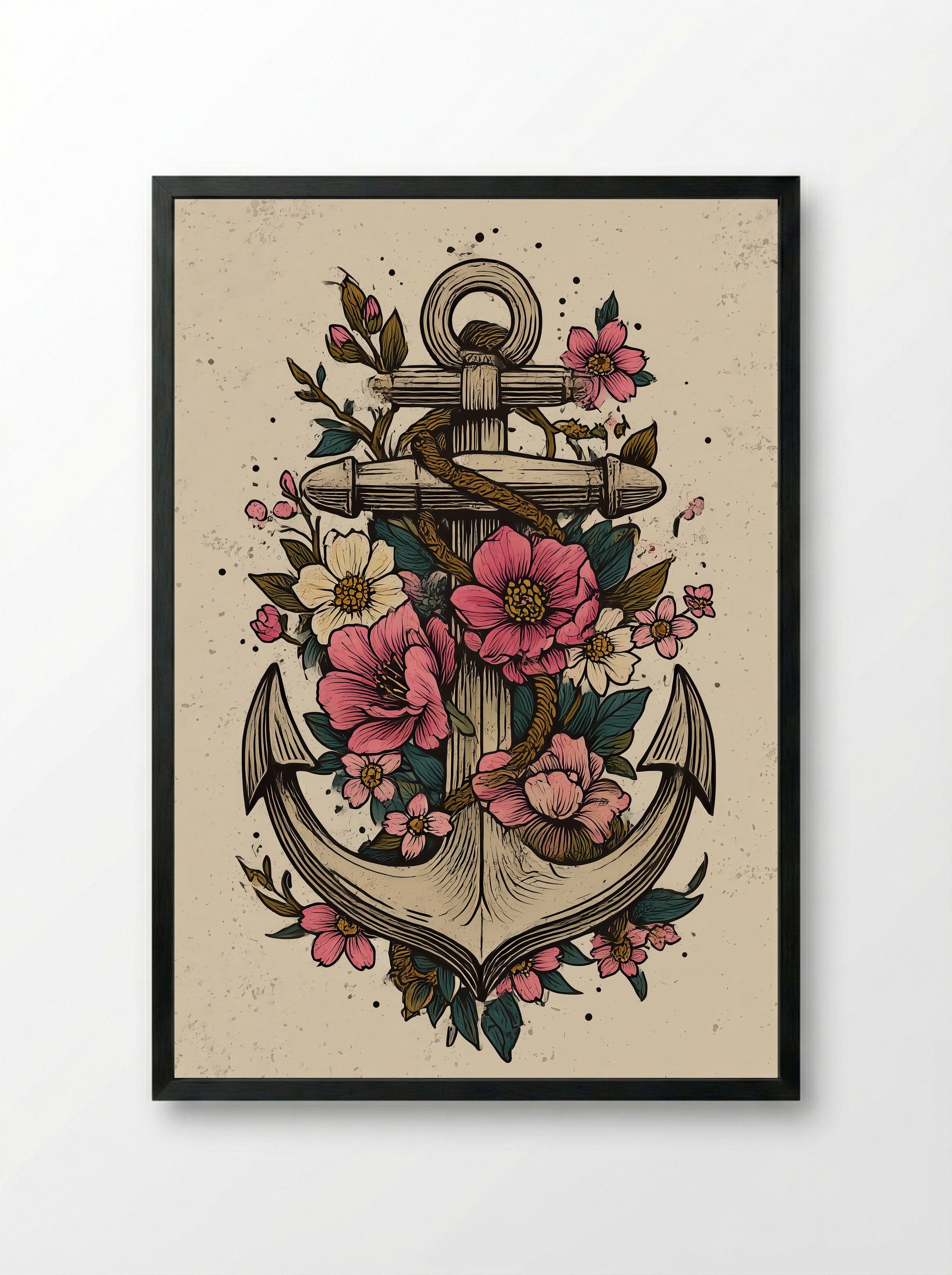 Anchor Wrapped in Vines & Flowers - Neo Traditional Art Print - Framed Print Black