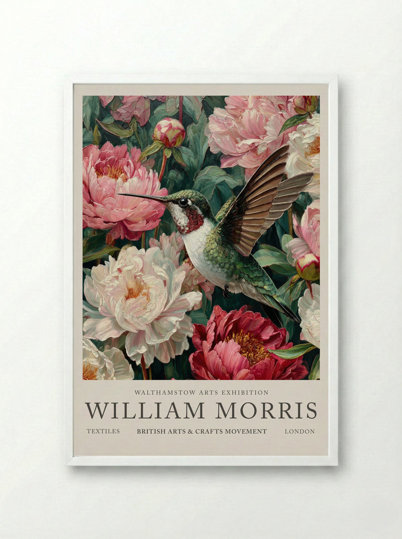 Peony Hummingbird Flight - William Morris - Framed Print White