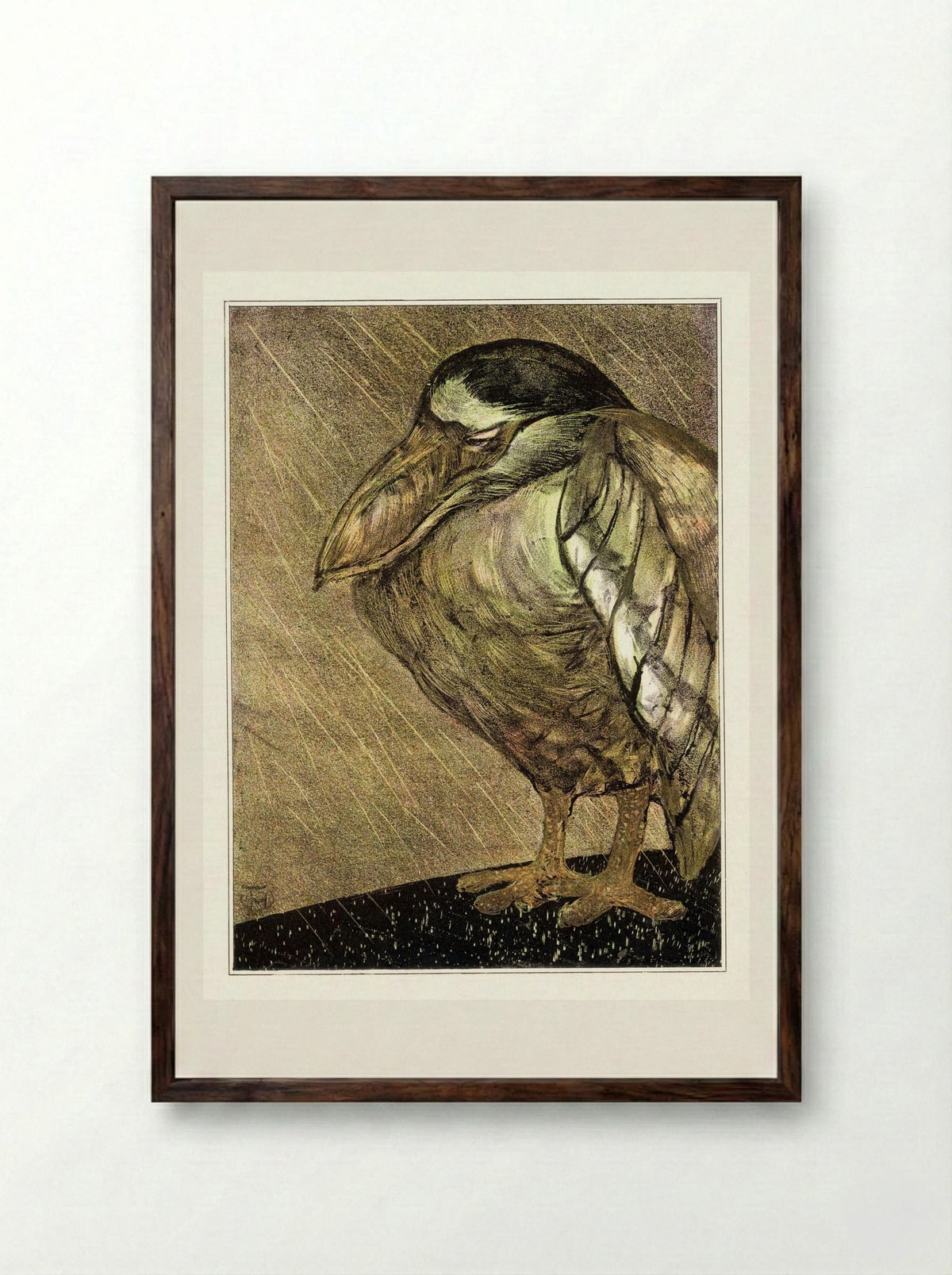 Schuitbekreiger in de regen (Night Heron in the Rain) - Theodorus van Hoytema - Framed Print Dark Wood
