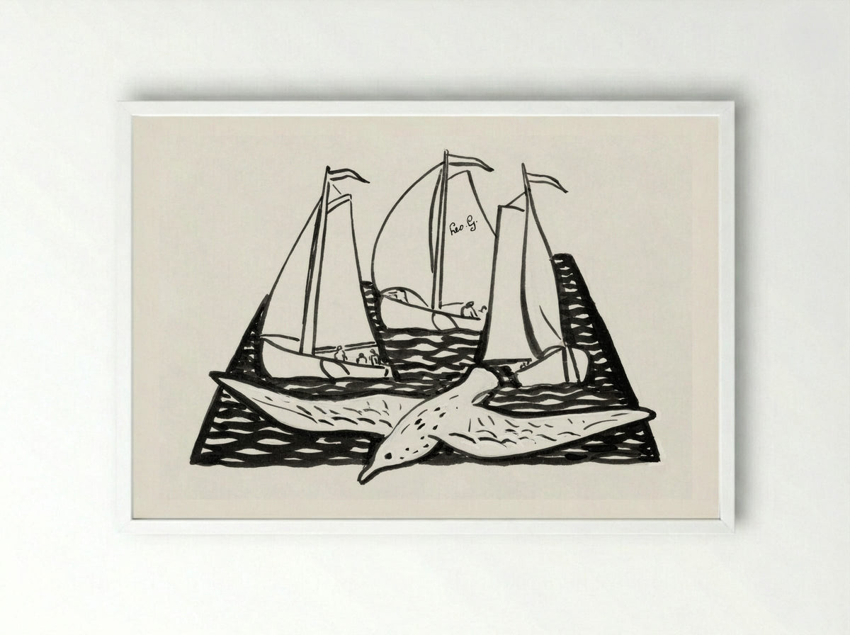 Three Sailing Ships and a Seagull - Leo Gestel - Framed Print White