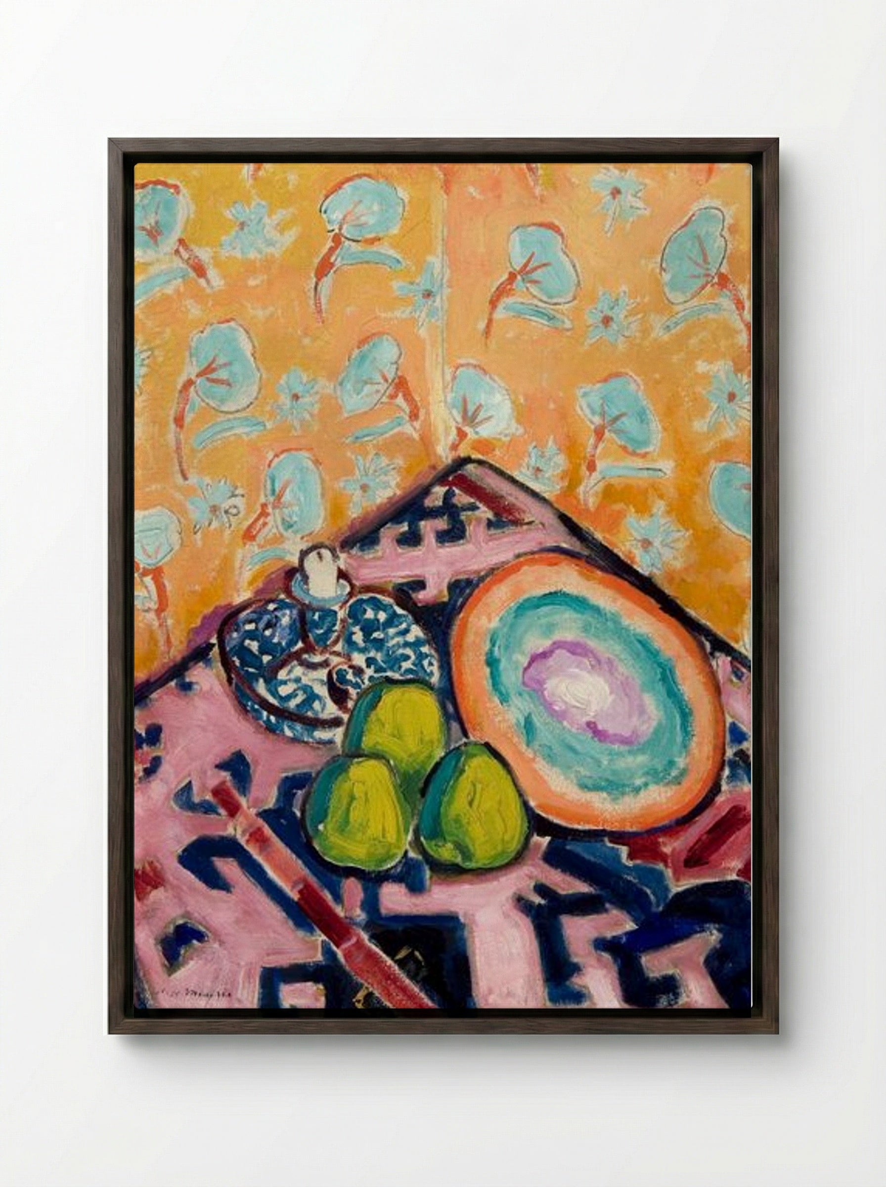 Still Life with Fruit and Patterned Background - Alfred Henry Maurer - Framed Canvas Dark Wood