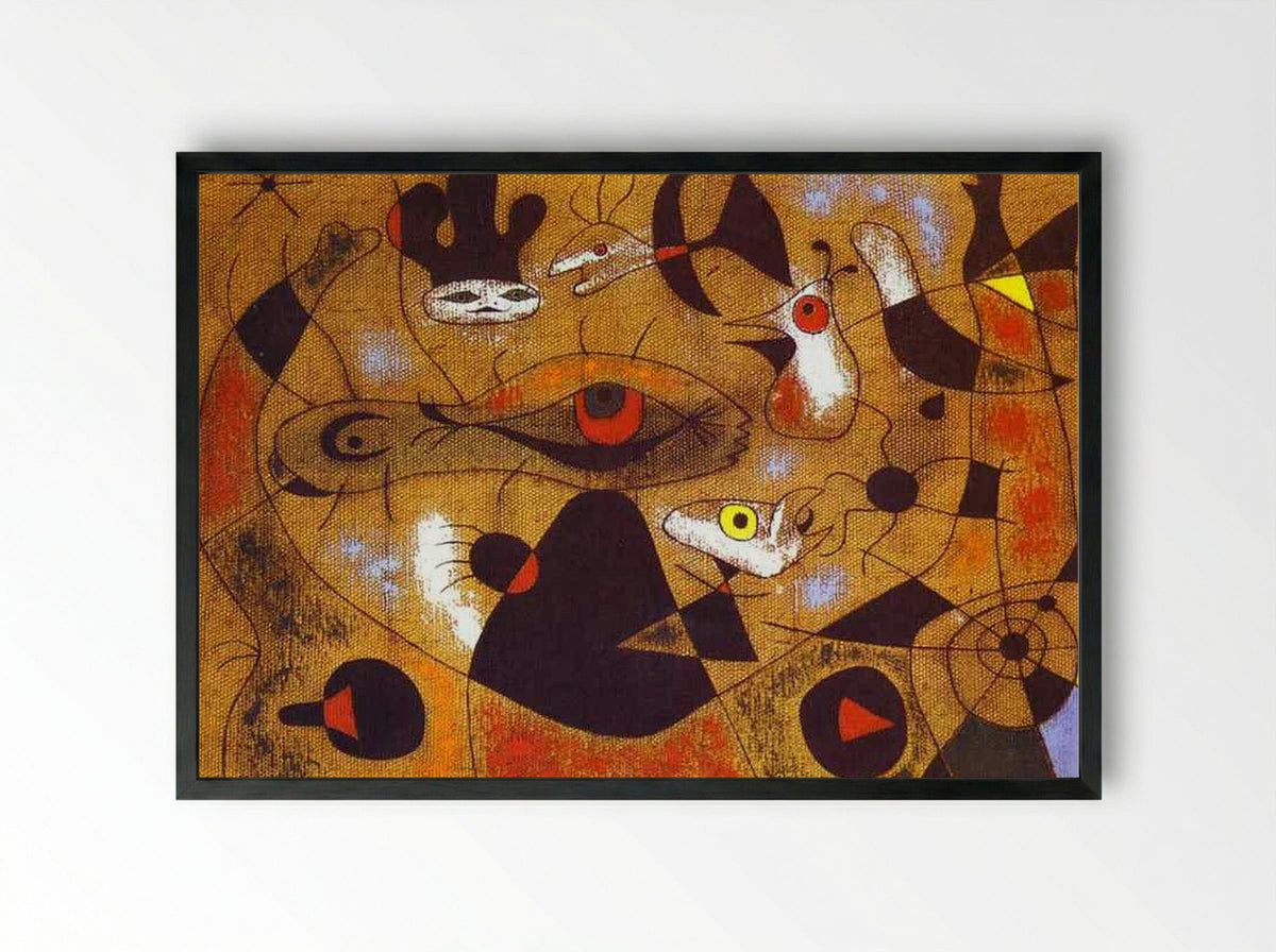 A Dew Drop Falling from a Bird's Wing Wakes Rosalie, who Has Been Asleep in the Shadow of a Spider's Web - Joan Miró - Framed Print Black