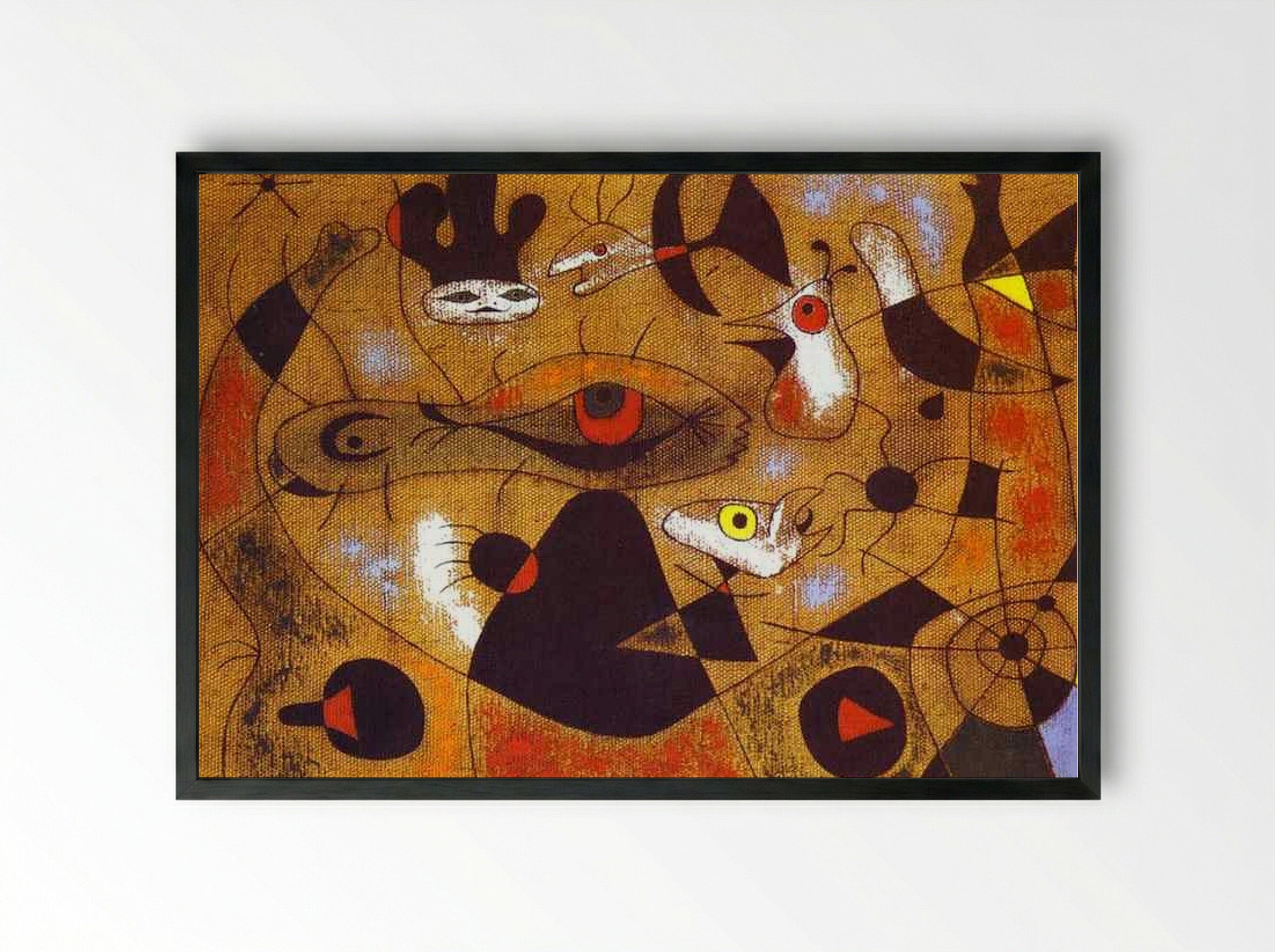 A Dew Drop Falling from a Bird's Wing Wakes Rosalie, who Has Been Asleep in the Shadow of a Spider's Web - Joan Miró - Framed Print Black