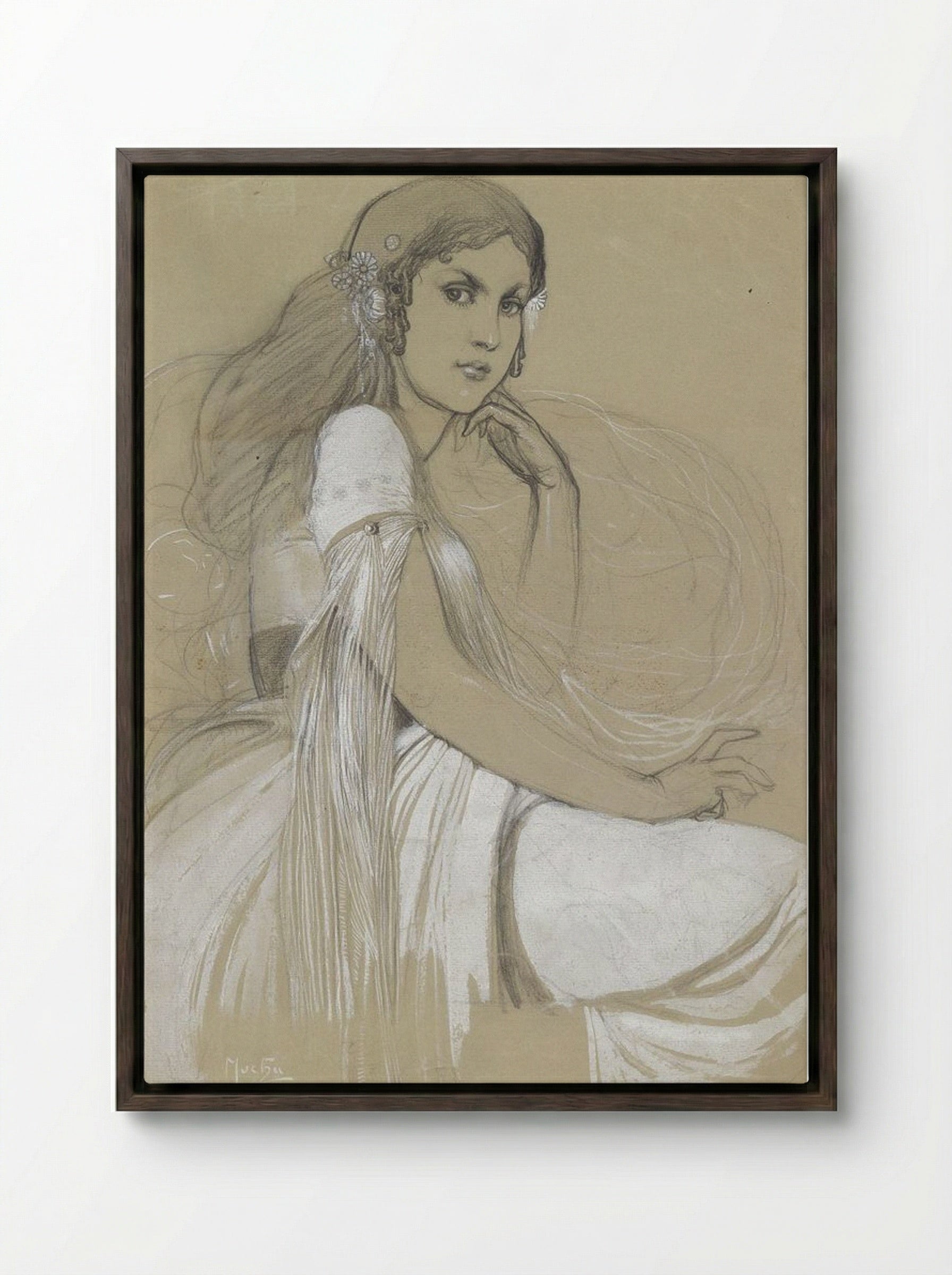 Study of Jaroslava Mucha, the Artist's Daughter - Alphonse Mucha - Framed Canvas Dark Wood