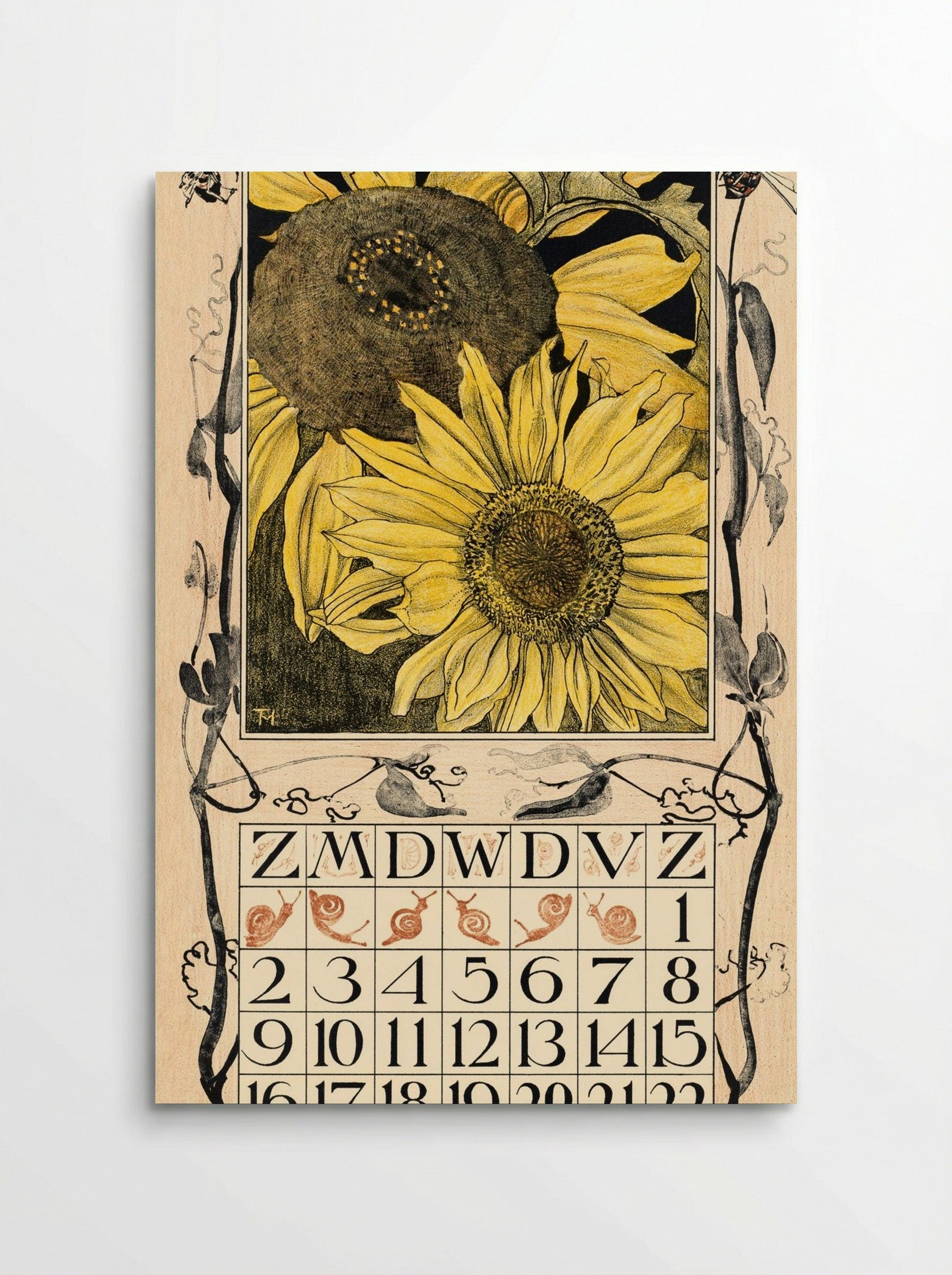 Kalenderblad augustus met zonnebloemen (August Calendar Page with Sunflowers) - Theo van Hoytema - Poster