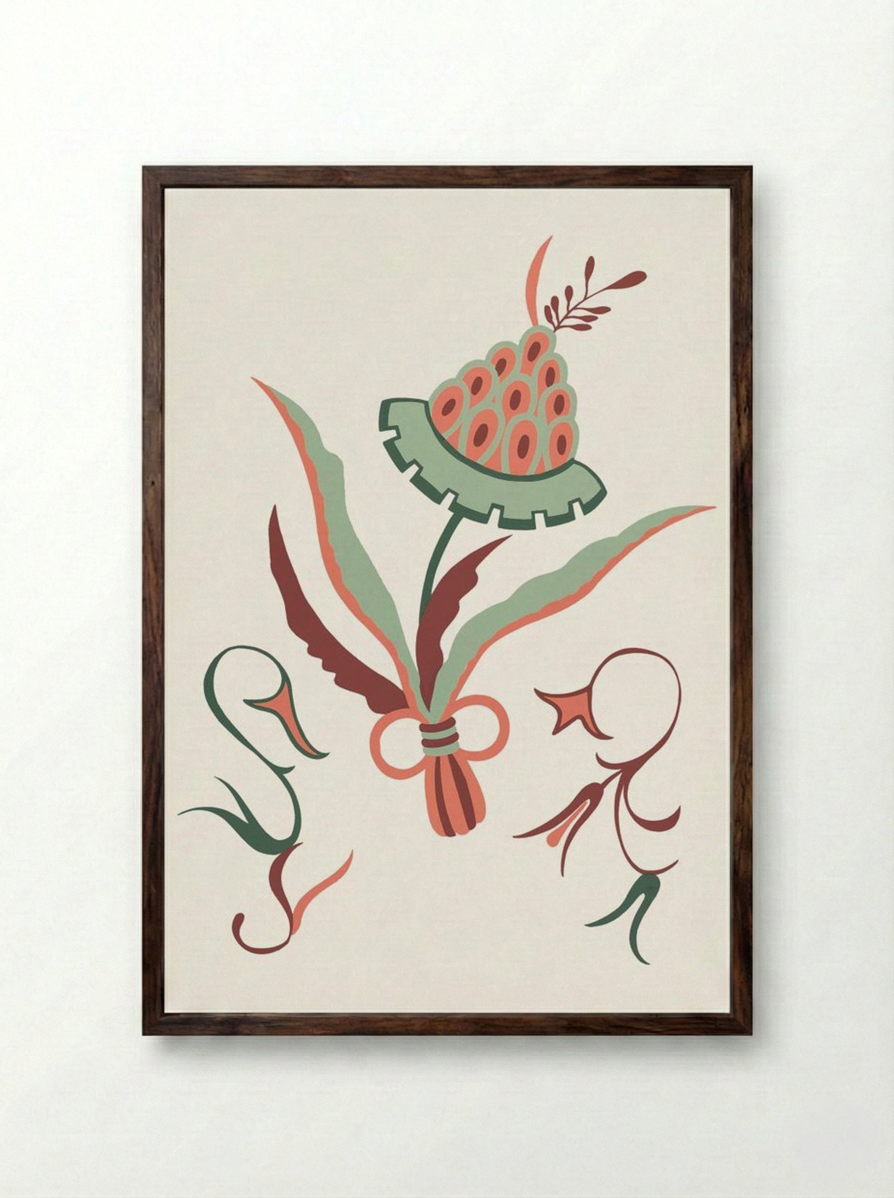 Floral Design with Swans - Fine Art Print - Framed Print Dark Wood