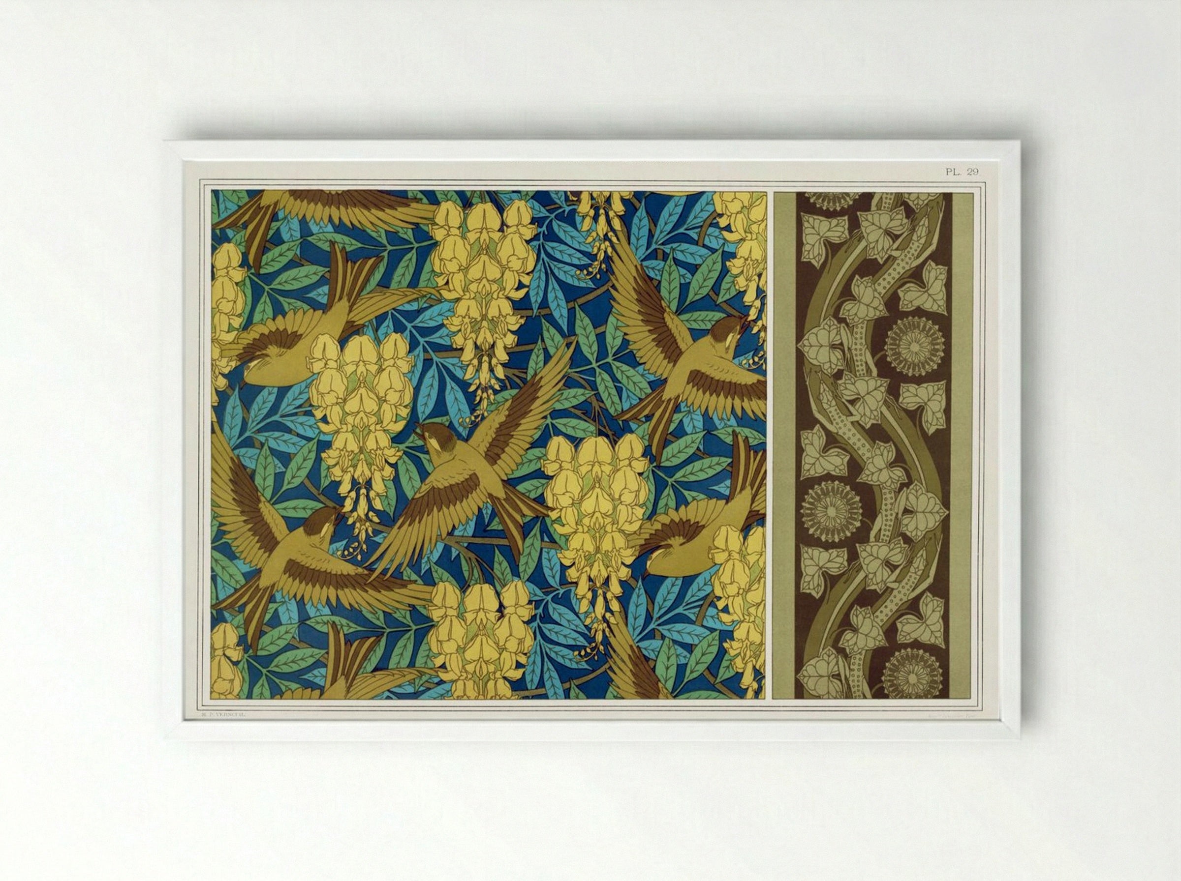 Oiseaux et Glycines, Tenture; Lézards et Lierre, Bordure - Maurice Pillard Verneuil - Framed Print White