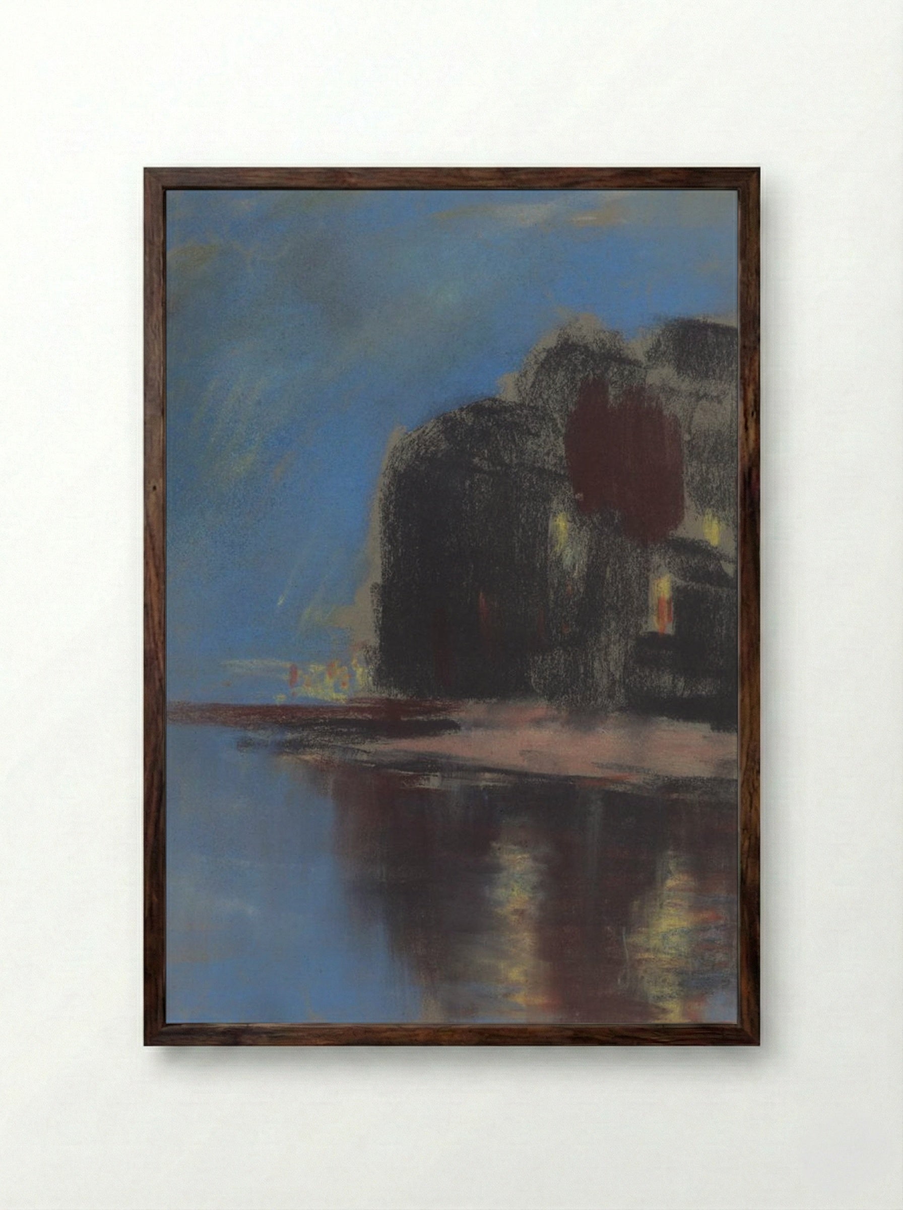 Blue Lake Under Black Rock - Zolo Palugyay - Framed Print Dark Wood