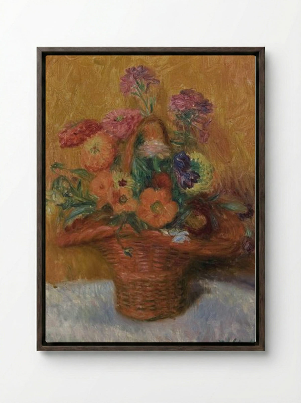 Red Basket of Zinnias - William James Glackens - Framed Canvas Dark Wood
