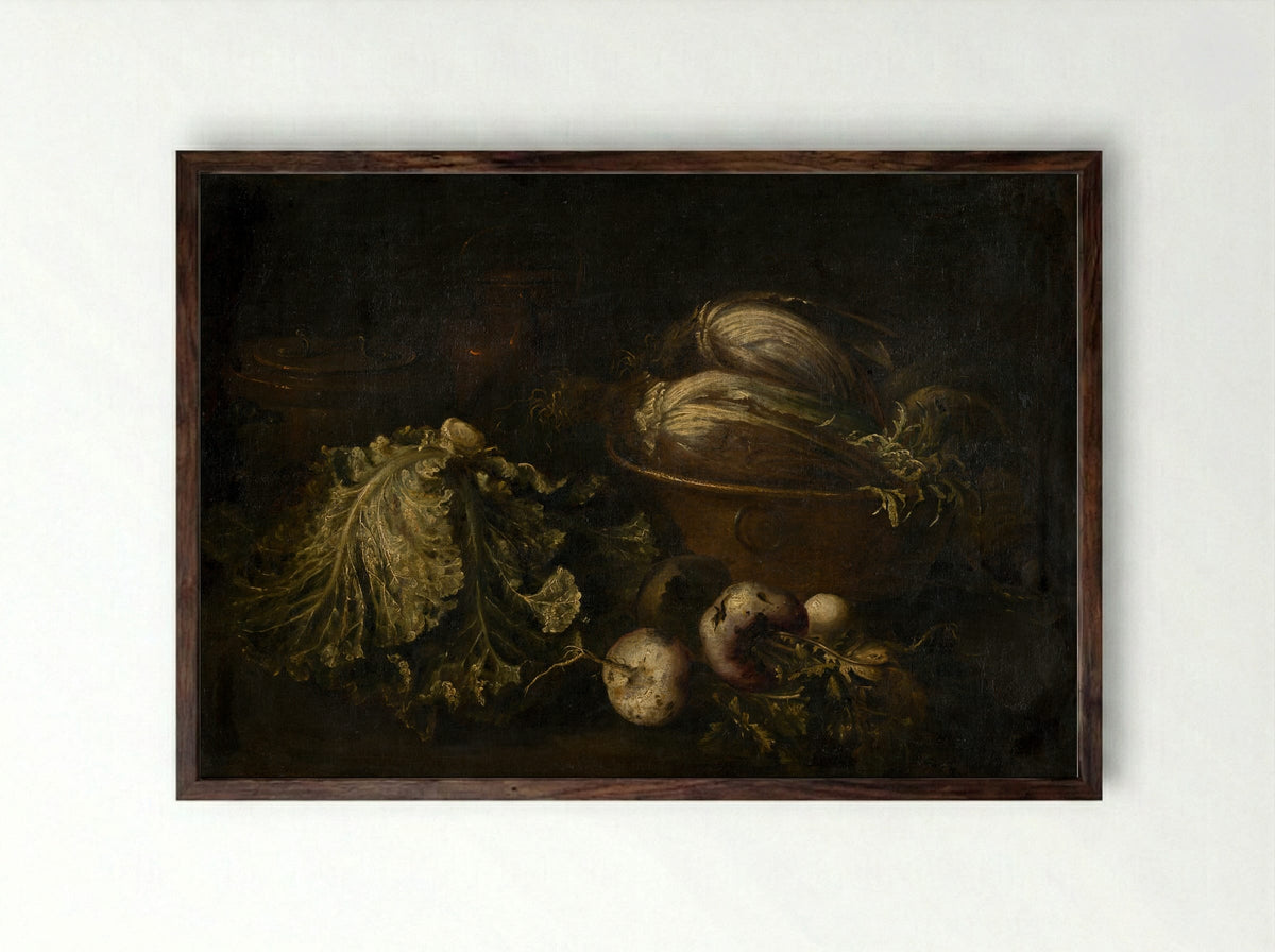 Still Life with Vegetables - Fine Art Print - Framed Print Dark Wood