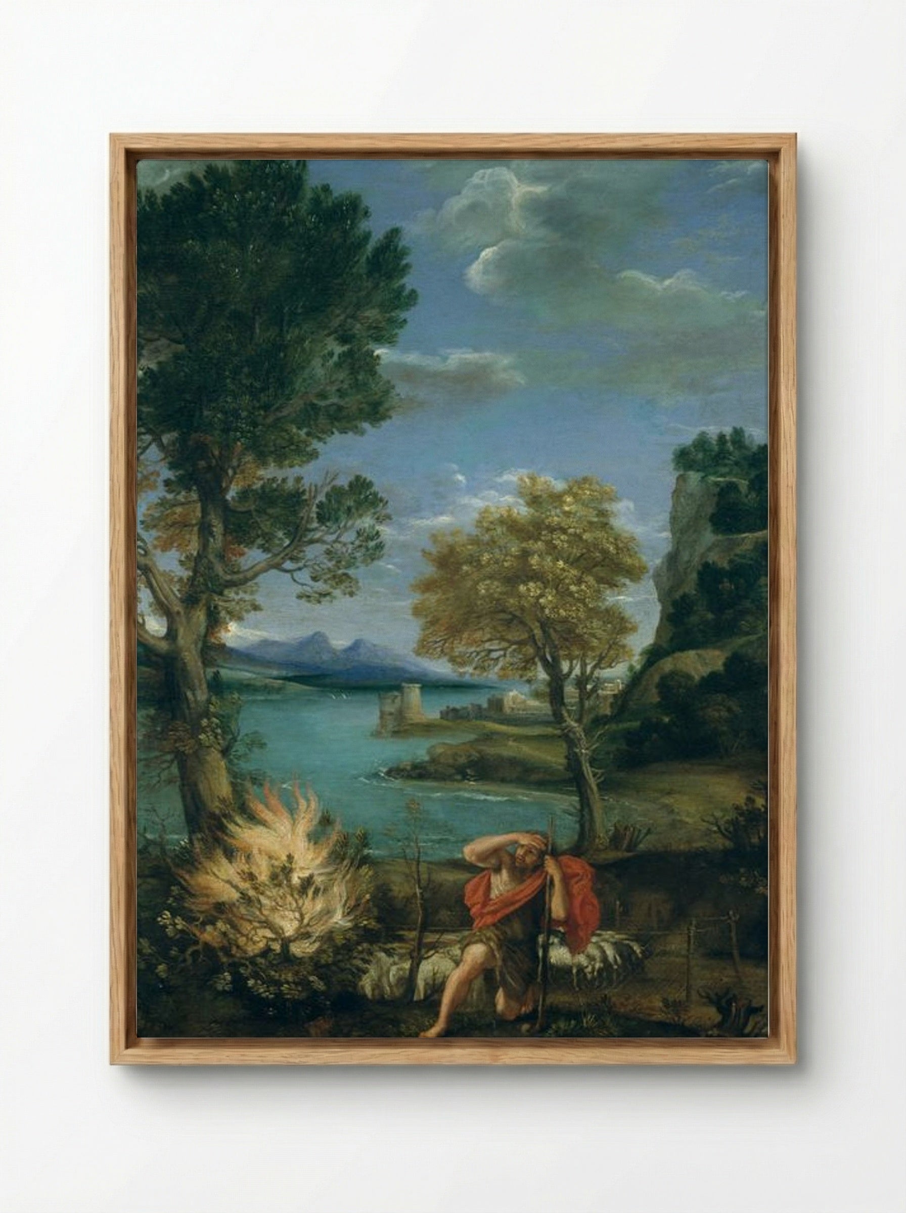 Landscape with Moses and the Burning Bush - Domenico Campagnola - Framed Canvas Wood
