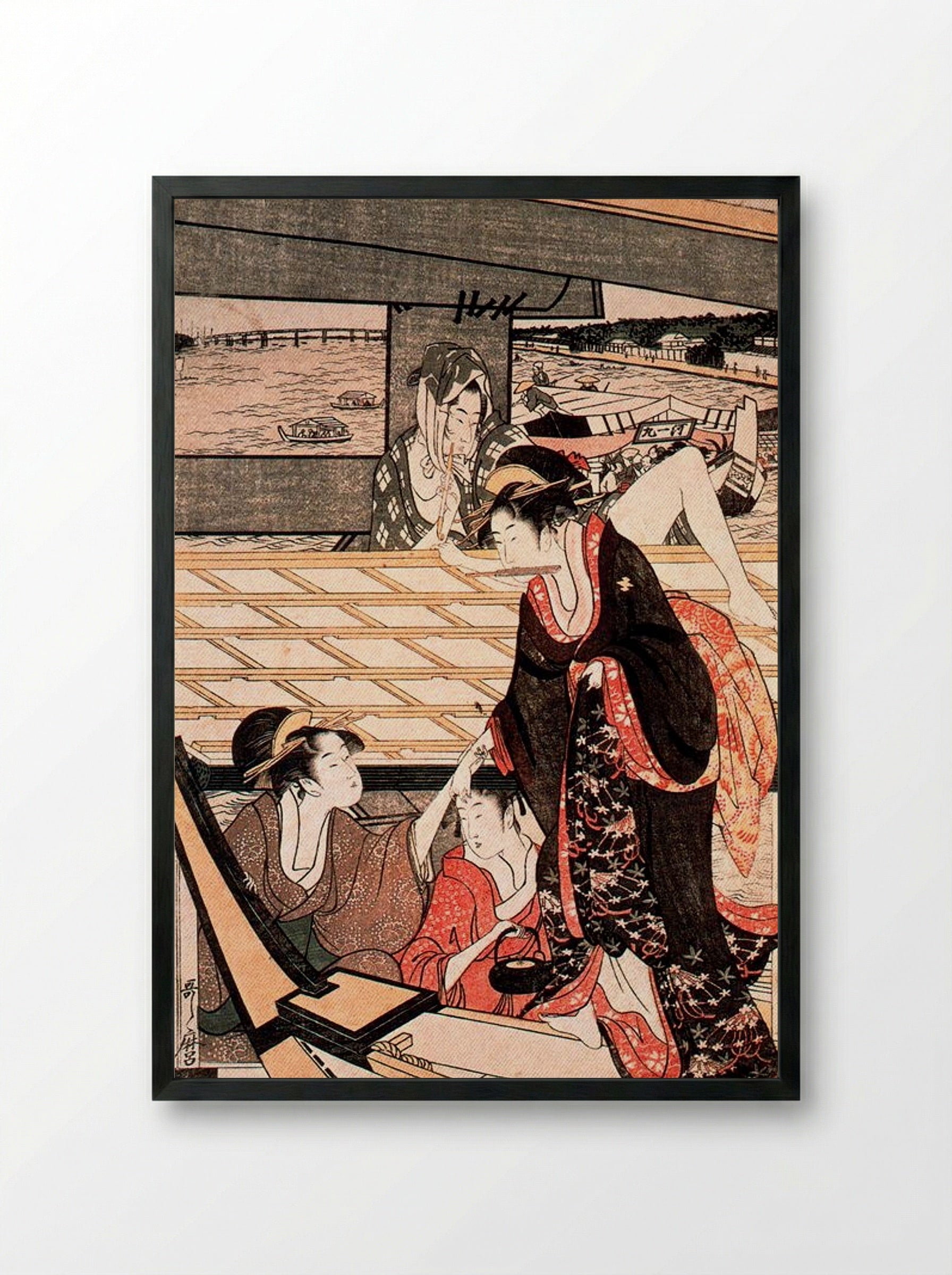 A Scene on the Bridge - Kitagawa Utamaro - Framed Print Black
