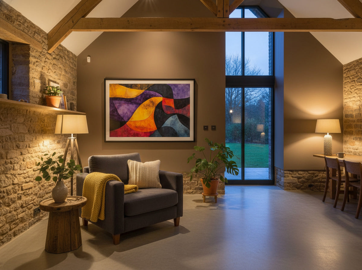 Molten Rhythm – Bold Abstract Waves in Crimson, Violet and Gold - Lifestyle