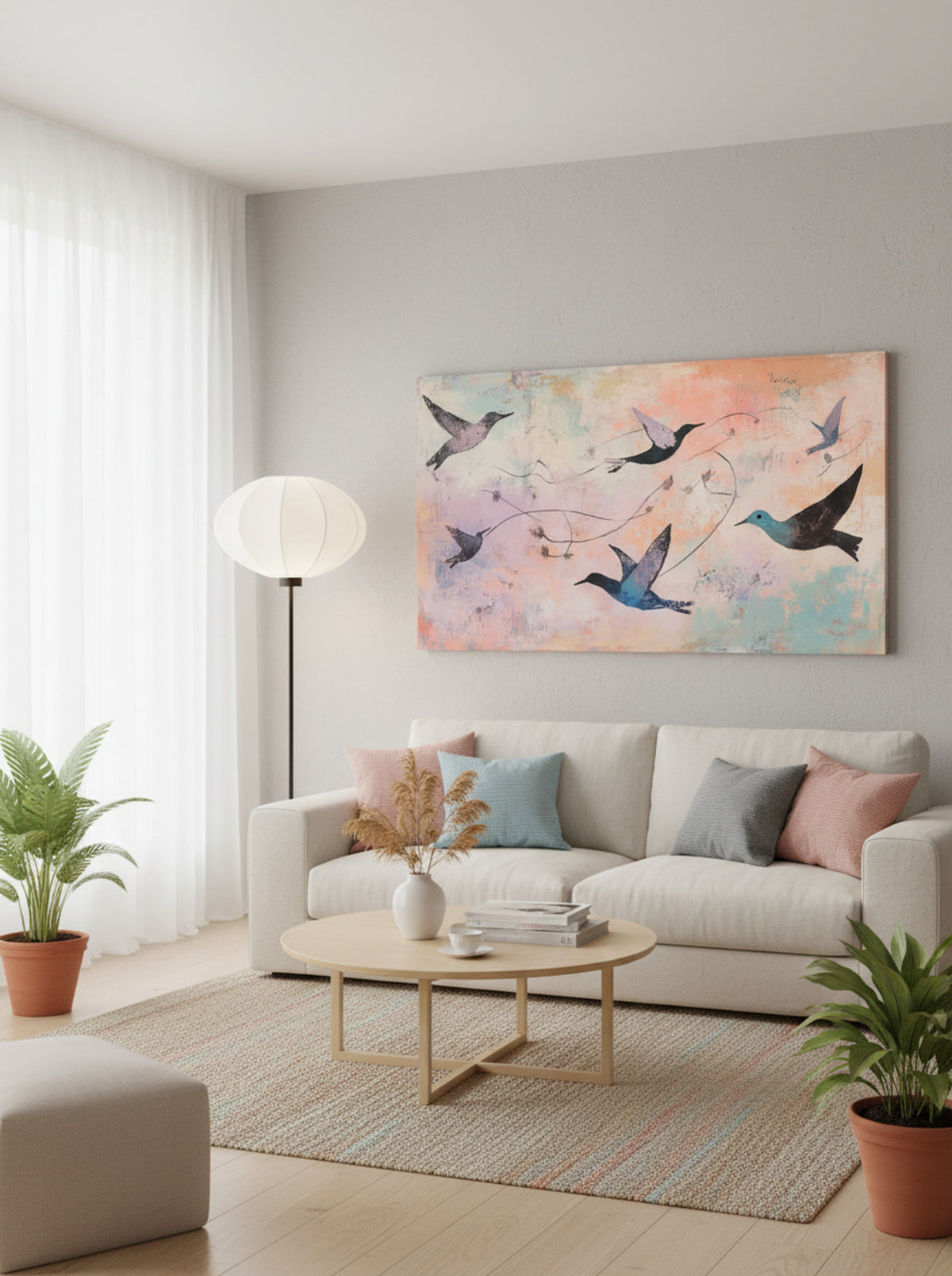 Skyward Drift – Hummingbirds in Flight on Pastel Horizon - Lifestyle