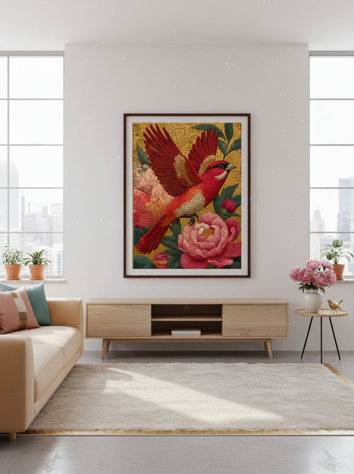 Phoenix Among Peonies in Golden Sky - Japanese Mosaic Print - Lifestyle