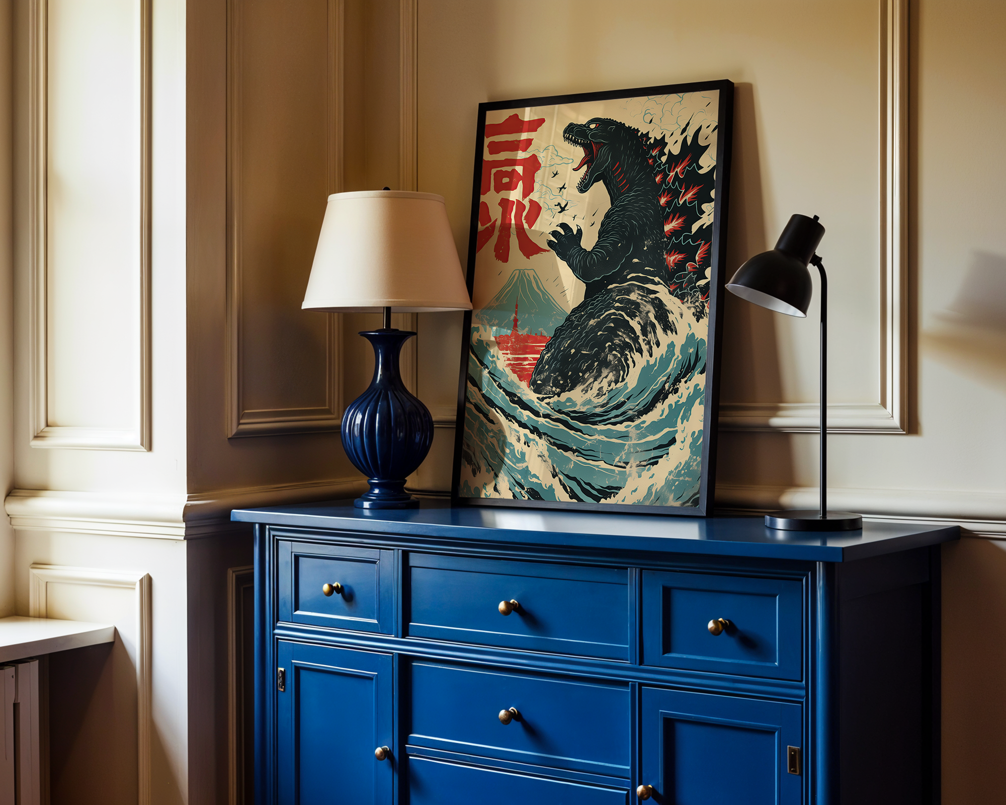 machiavelli2479_a_bold_retro_Japanese_poster_featuring_Godzilla_d809afa6-9633-4808-bdea-43c517d338de_hq mockup