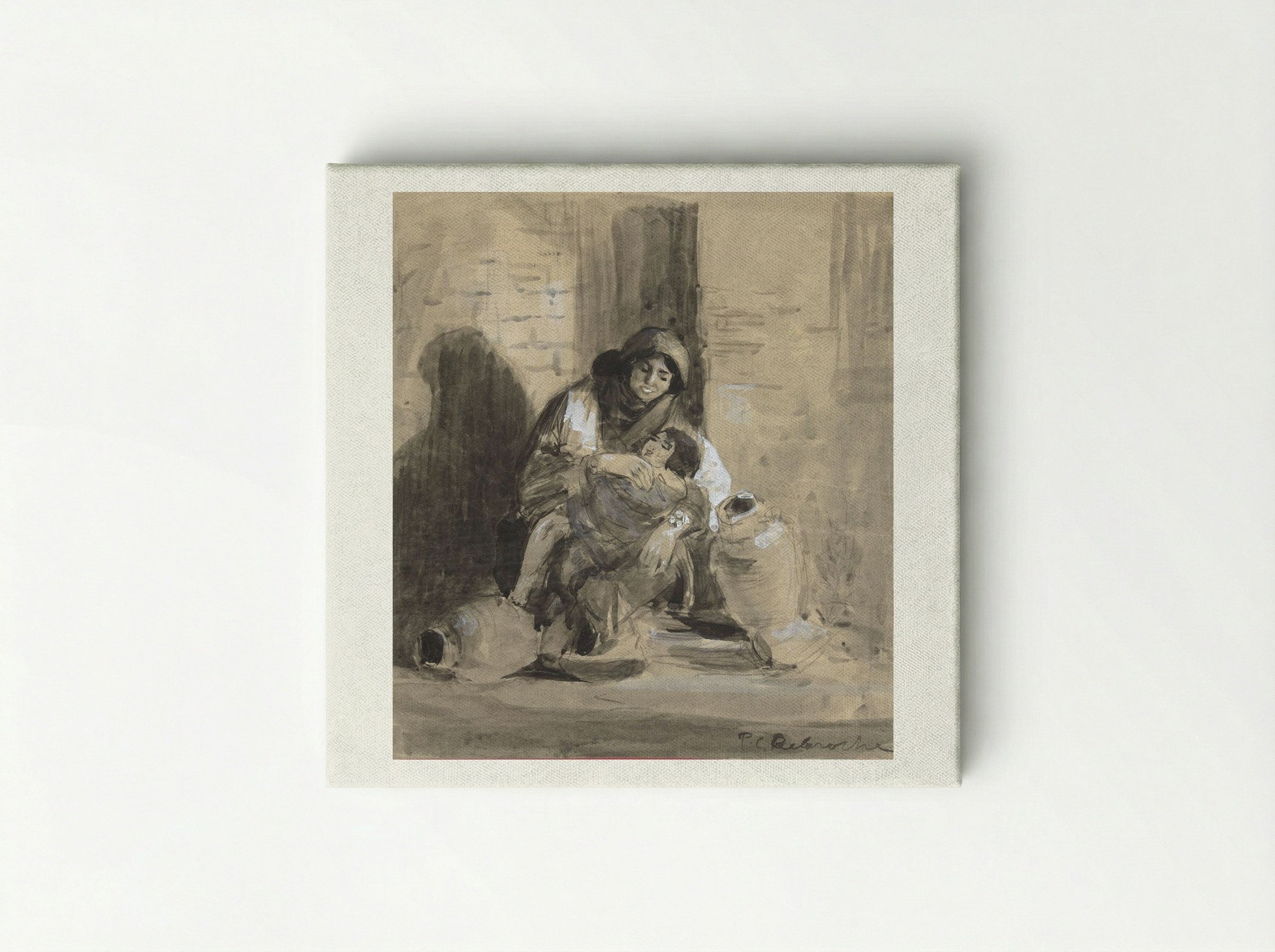 Seated Jewish Woman from Gaza, with her Child and Two Large Pitchers - Paul Delaroche - Canvas