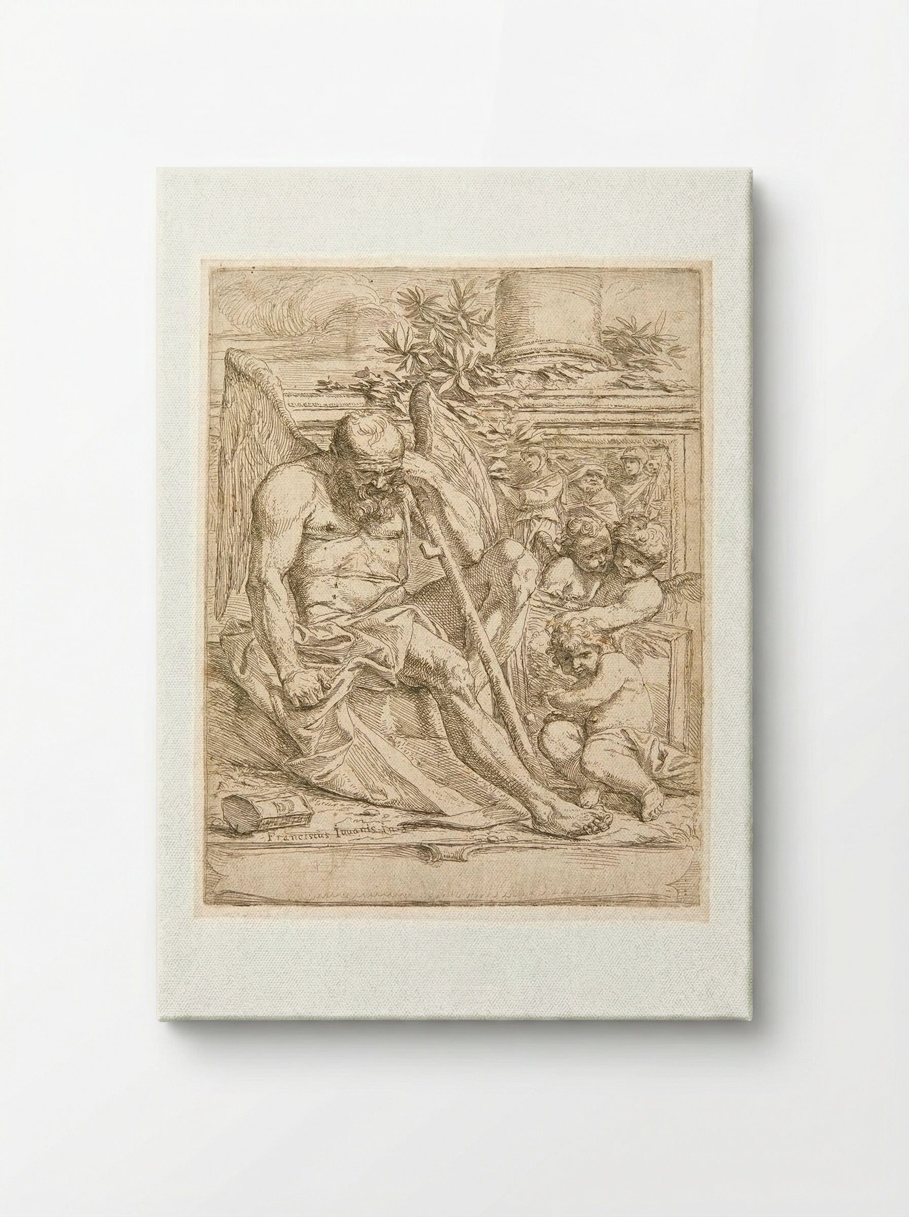 Saturn, Seated with three Putti Holding a Painting - Giovanni Francesco Grimaldi - Canvas