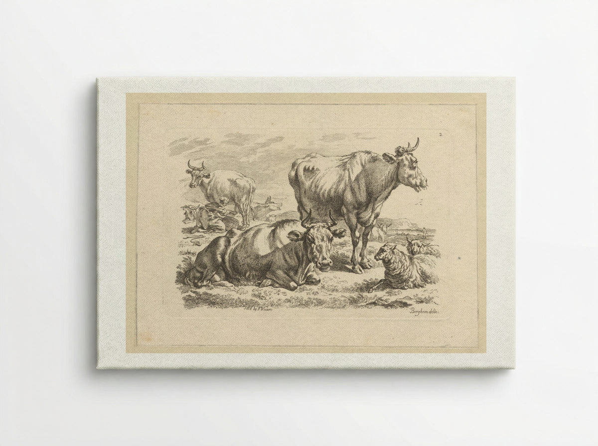 Staande en liggende runderen en een koe die gemolken wordt - François Vivares - Canvas