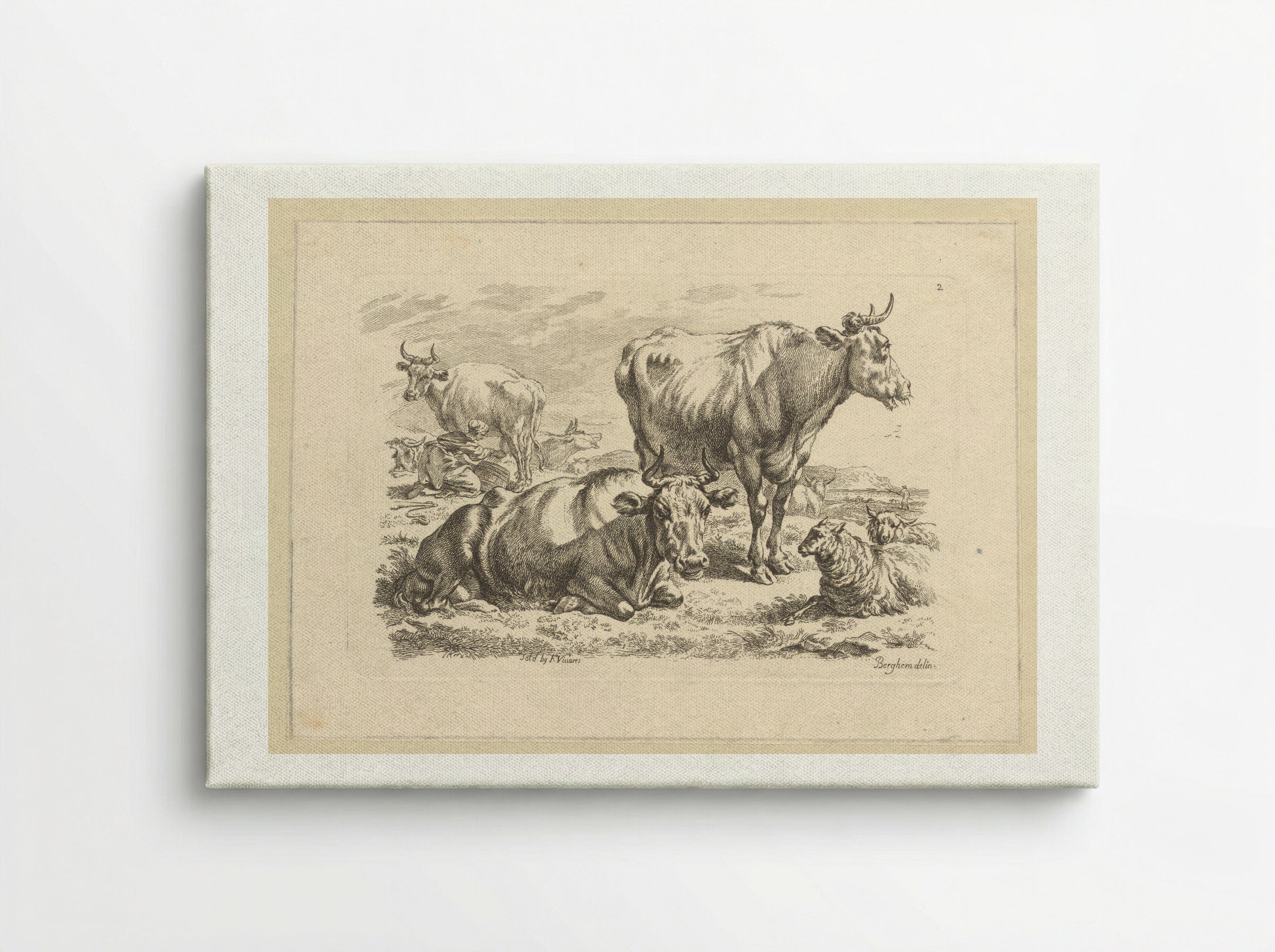 Staande en liggende runderen en een koe die gemolken wordt - François Vivares - Canvas
