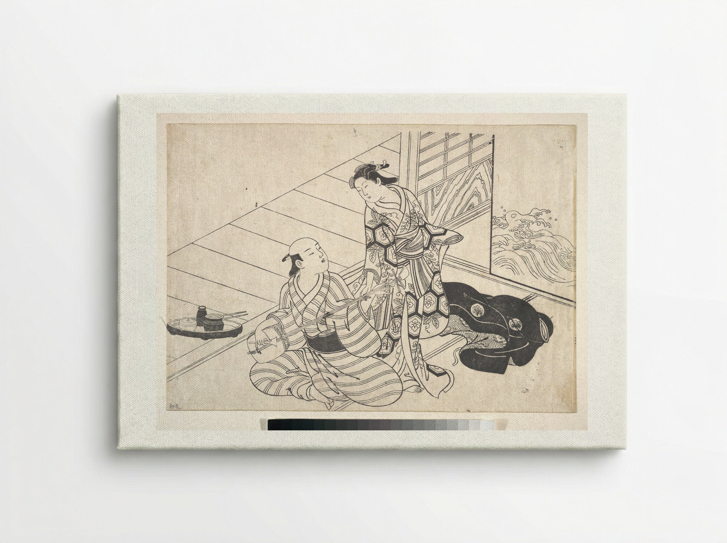 Lady Interrupting Her Lover, who is Playing the Shamisen - Nishikawa Sukenobu - Canvas