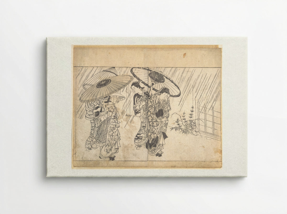 A Lady with Three Attendants in the Rain - Nishikawa Sukenobu - Canvas