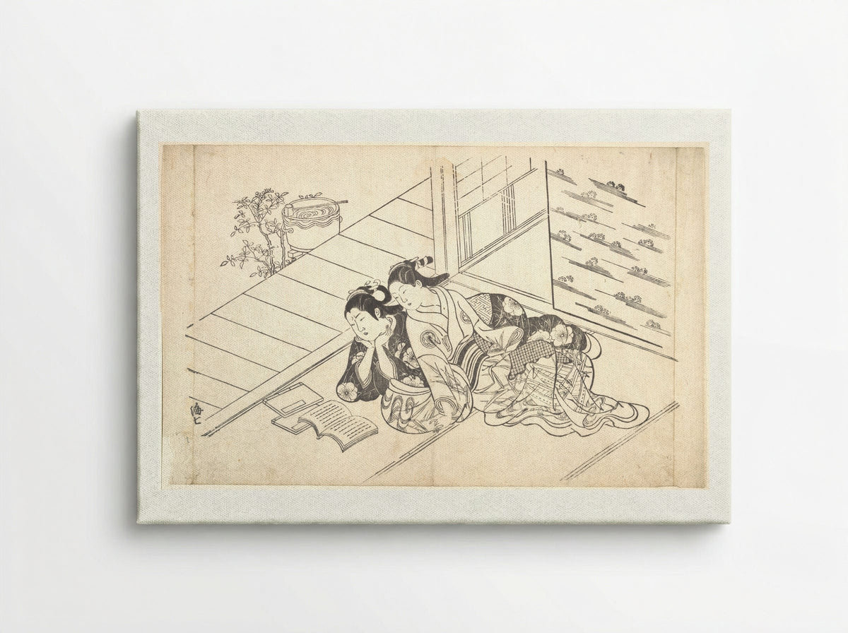 Two Women Reclining on the Floor of a Room and Reading a Book - Nishikawa Sukenobu - Canvas