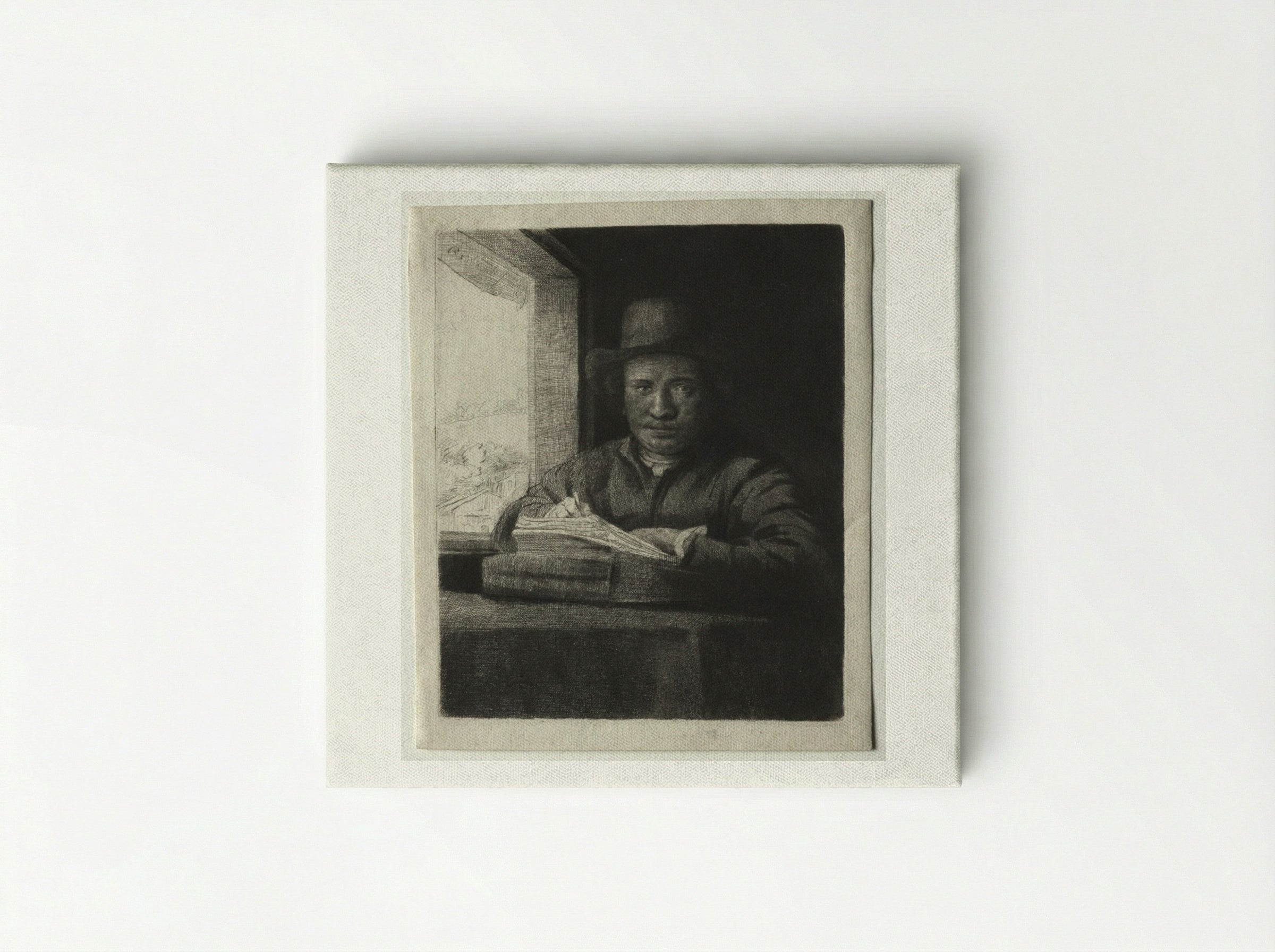 Self-Portrait Drawing at a Window - Rembrandt van Rijn - Canvas