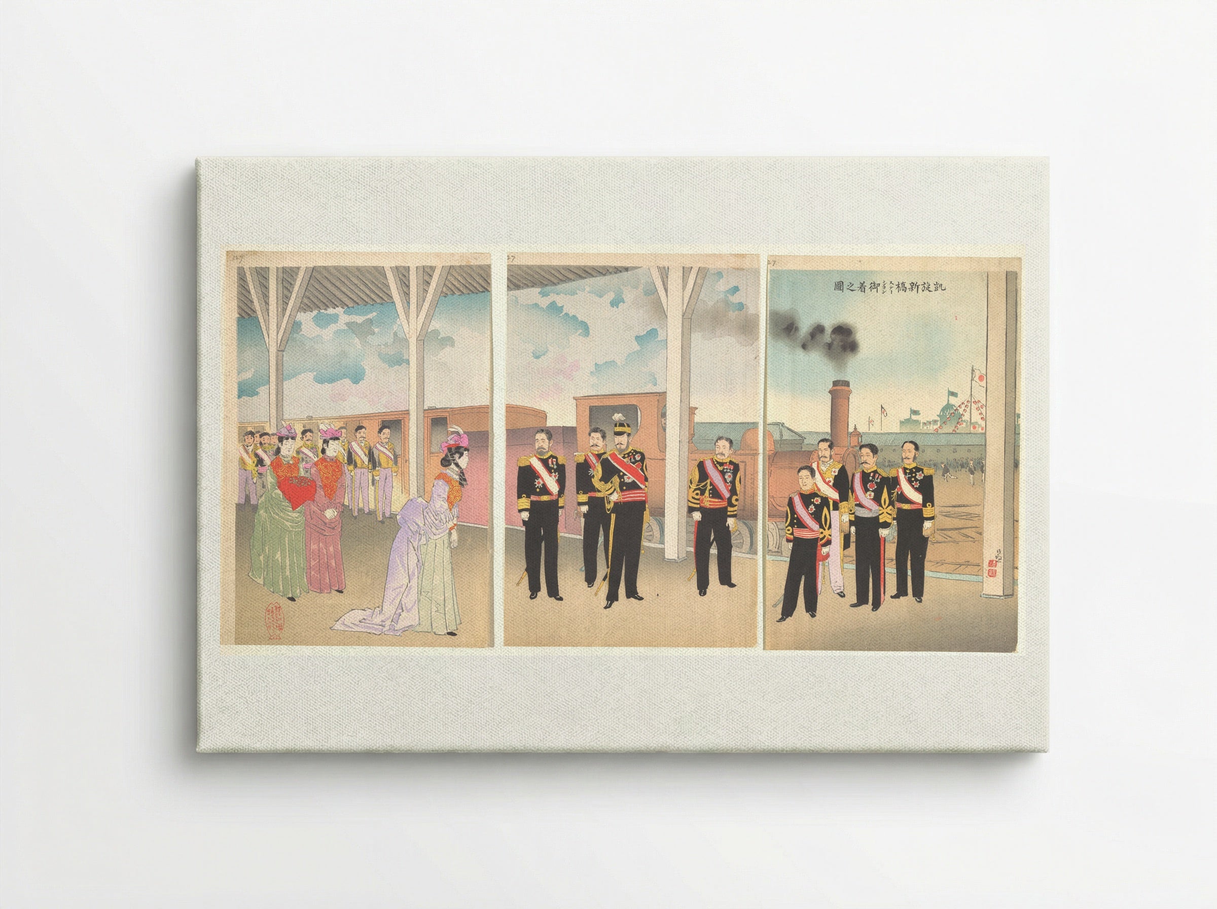 Triumphant Arrival of the Emperor at Shinbashi Station - Kobayashi Kiyochika - Canvas
