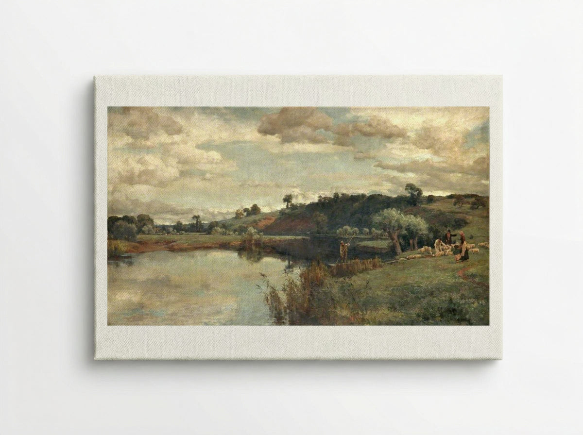 River Scene with a Shepherd and Sheep by a Ferry - Alfred Parsons - Canvas