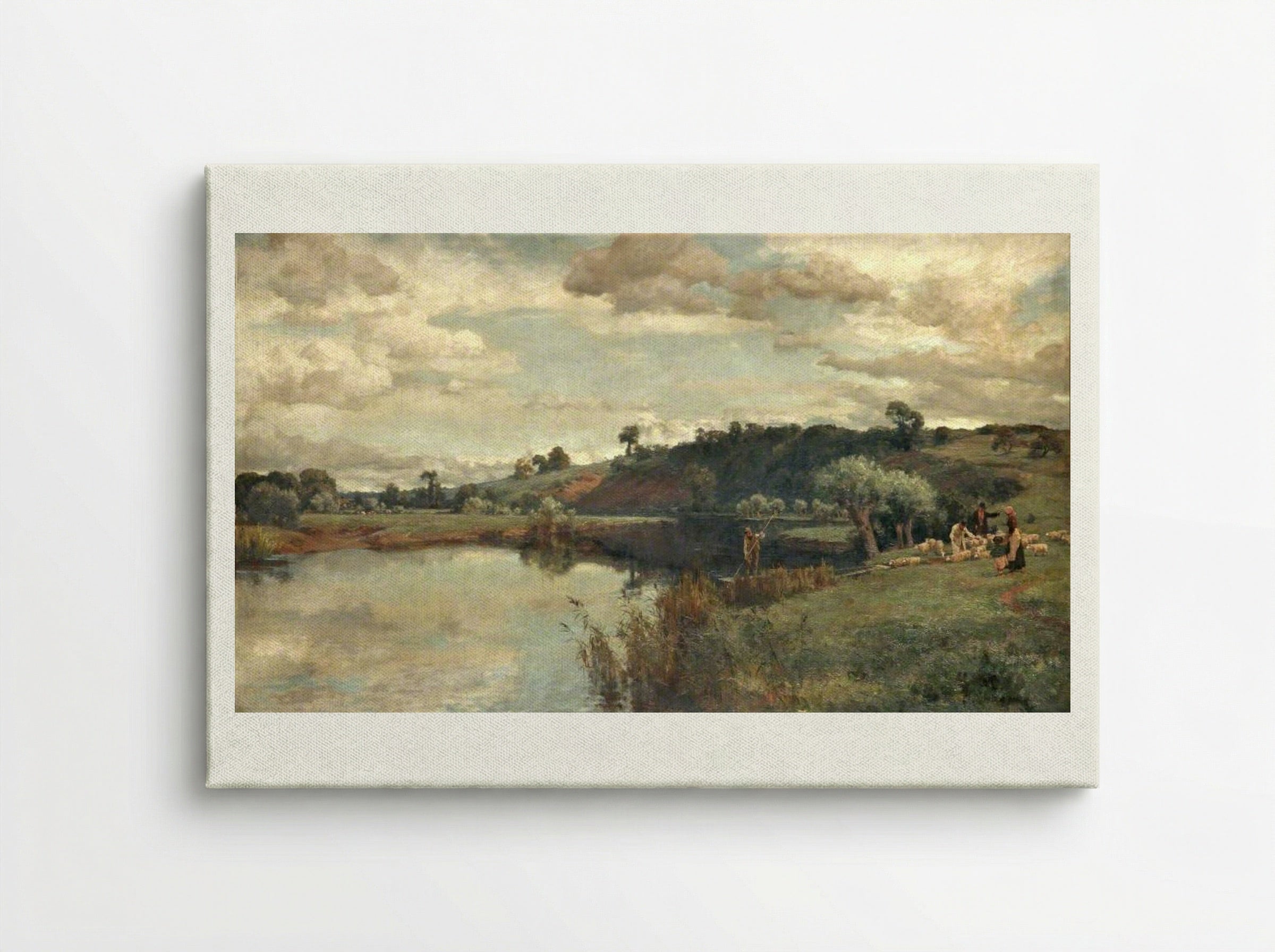 River Scene with a Shepherd and Sheep by a Ferry - Alfred Parsons - Canvas