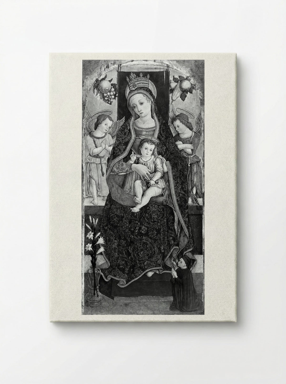 Madonna and Child Enthroned with Two Angels and a Donor - Vittore Crivelli - Canvas