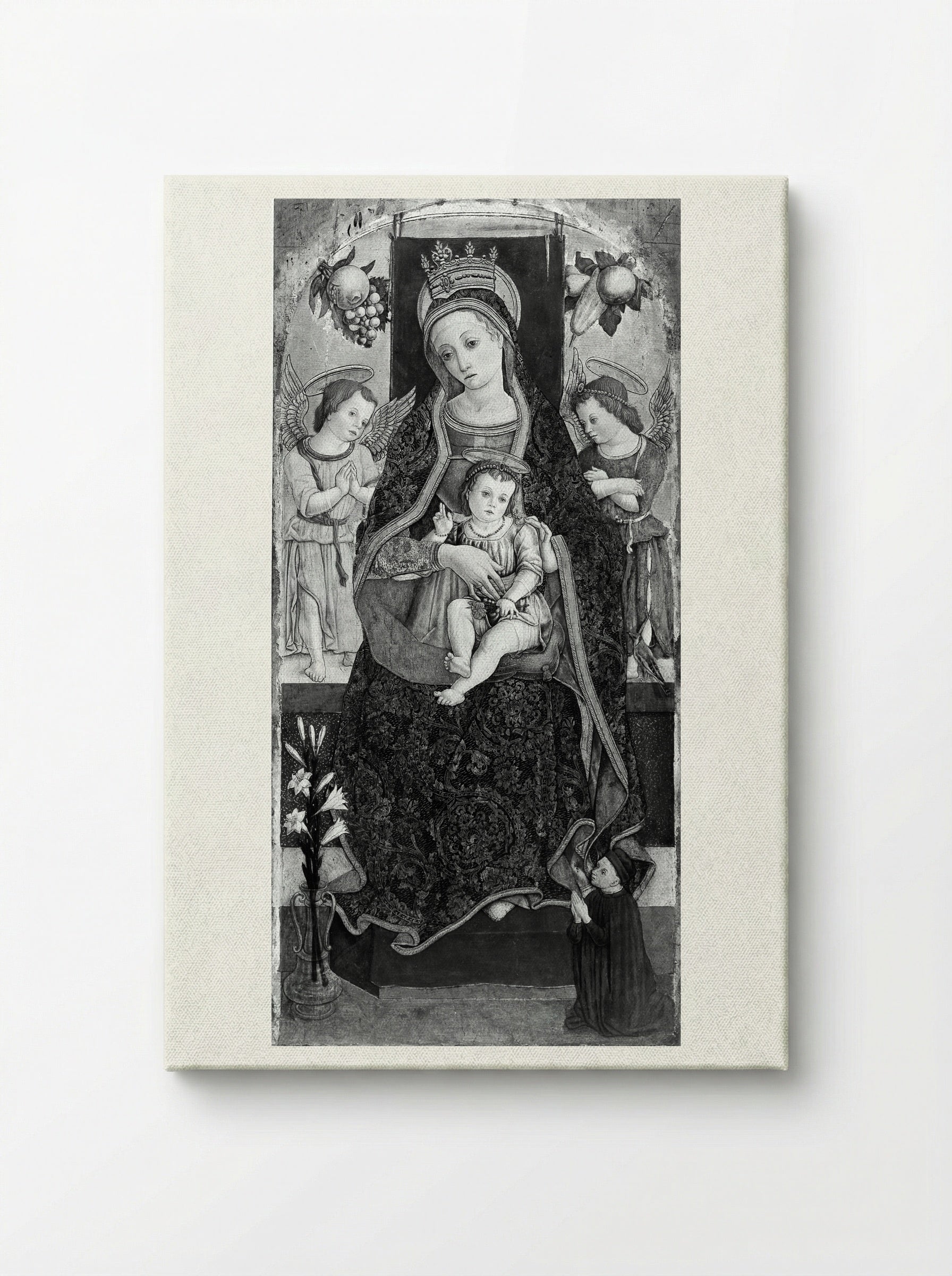 Madonna and Child Enthroned with Two Angels and a Donor - Vittore Crivelli - Canvas